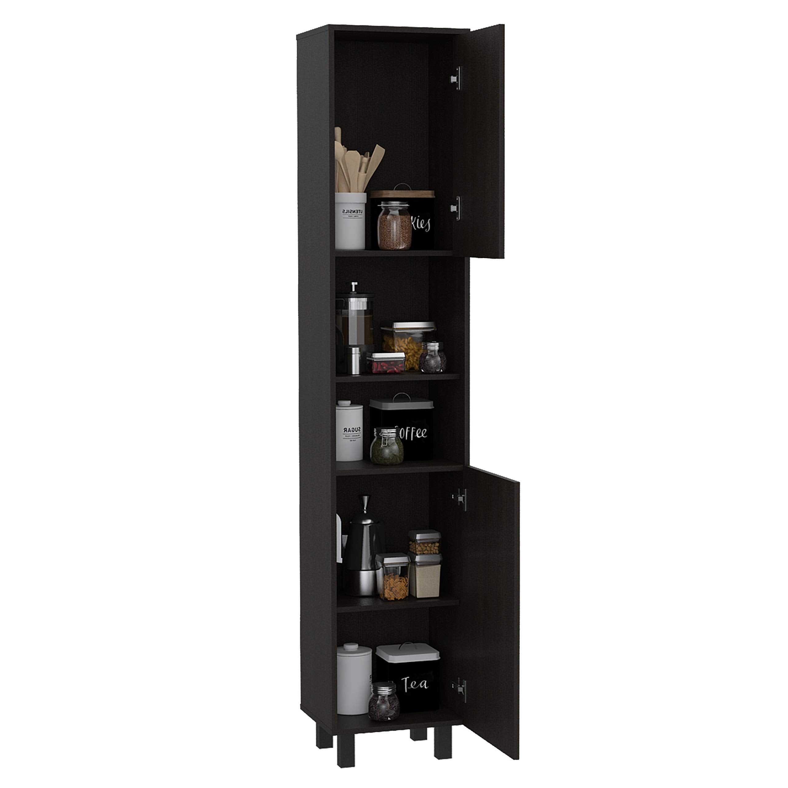 Ikaria 78-inch Tall Kitchen Pantry with 2 Cabinets, 2 Open Shelves, and 2 Interior Shelves, Black Wenge