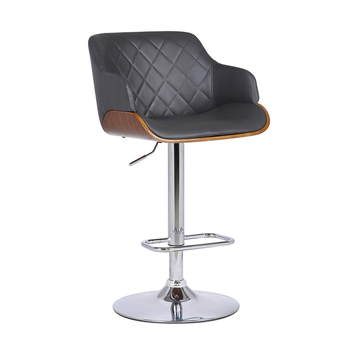 Armen Living Toby Faux Leather Swivel Barstool, Adjustable, Gray, Chrome, Walnut