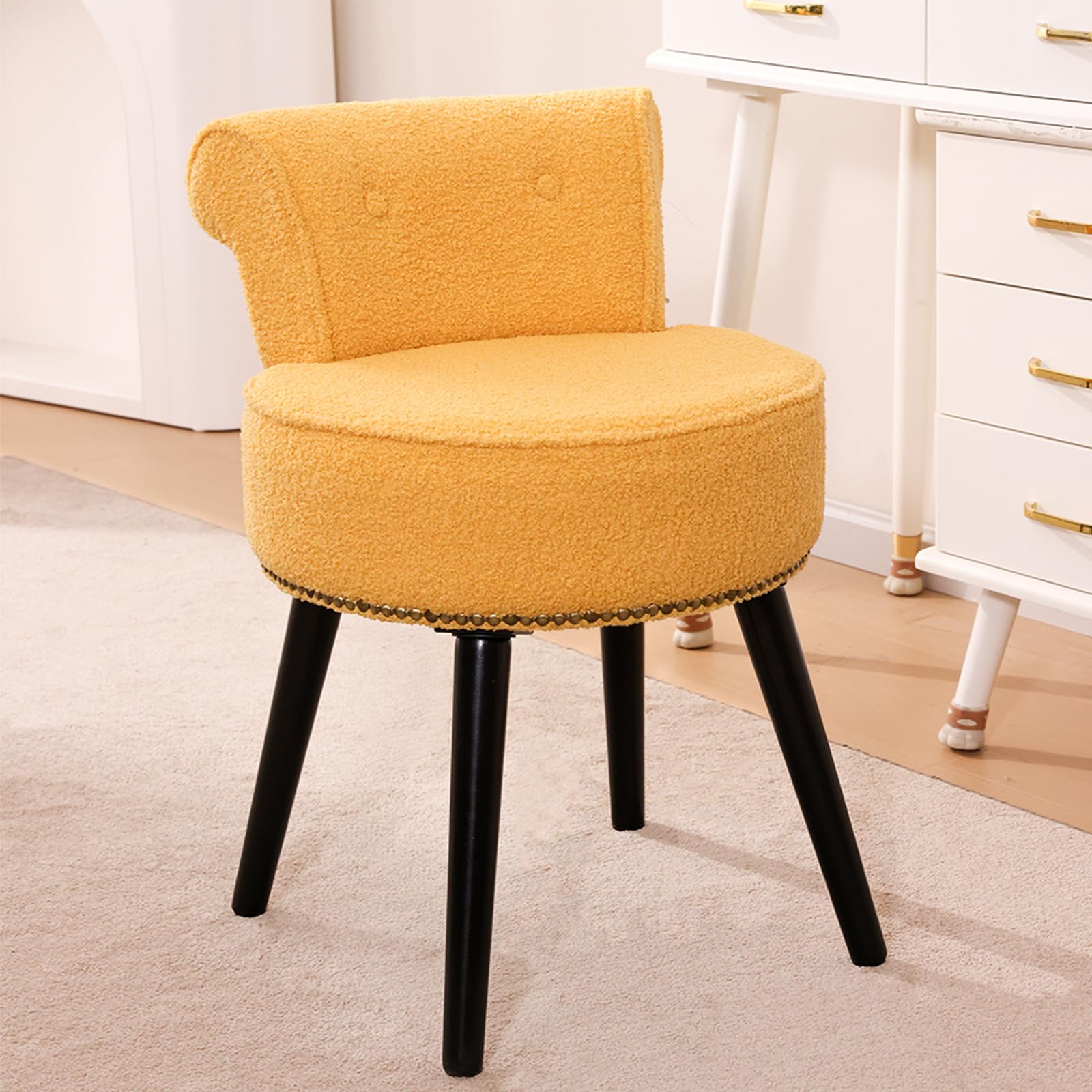 2BYF Teddy Vanity Chair with Back for Bedroom Tufted Low Back Makeup Chair with Wooden Legs, Modern Elegant Dressing Table Stool