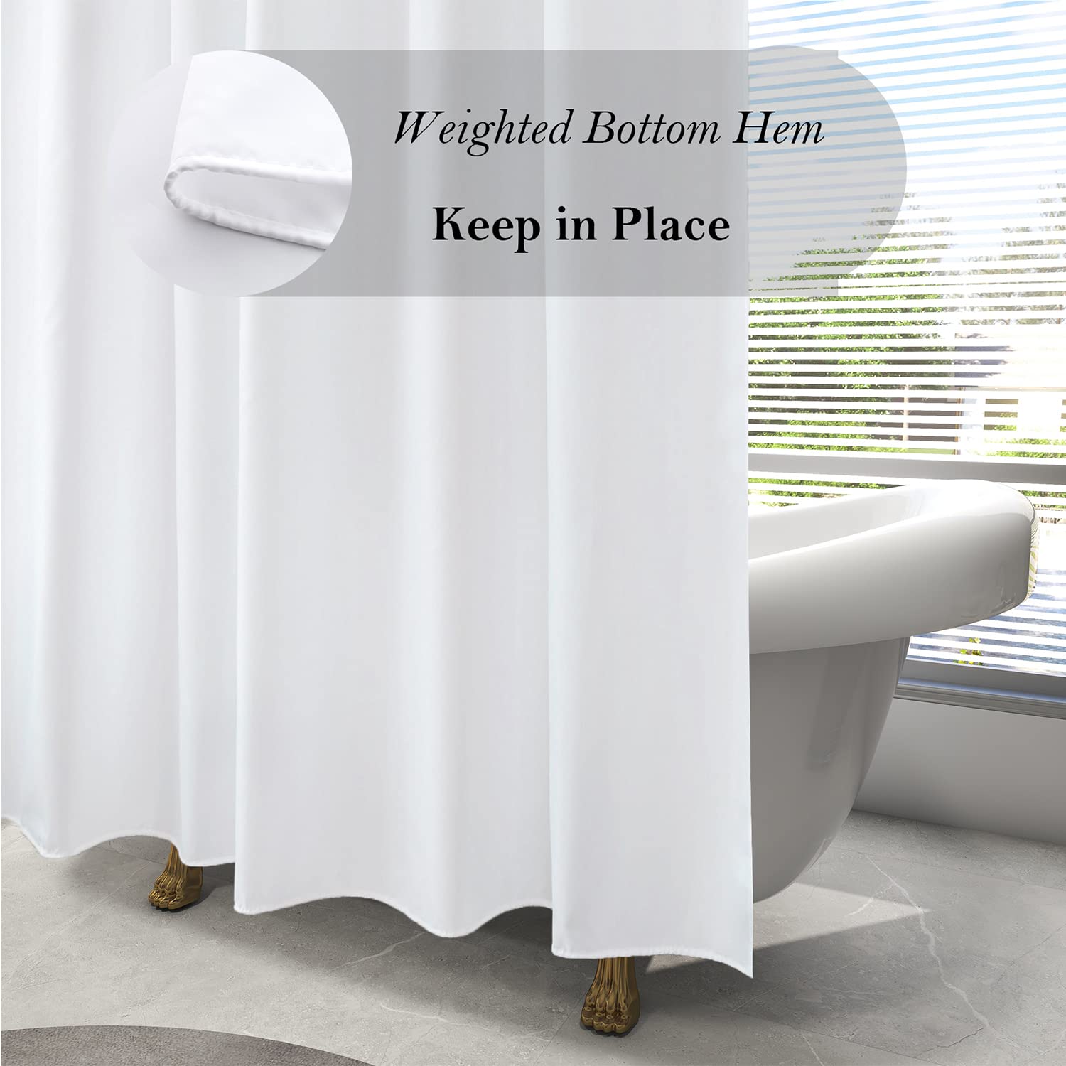 Long Shower Curtain Liner 78 Inches Height-Water-Repellent Fabric Shower Curtains Set With 12 Hooks, White Bathroom Curtain Weig