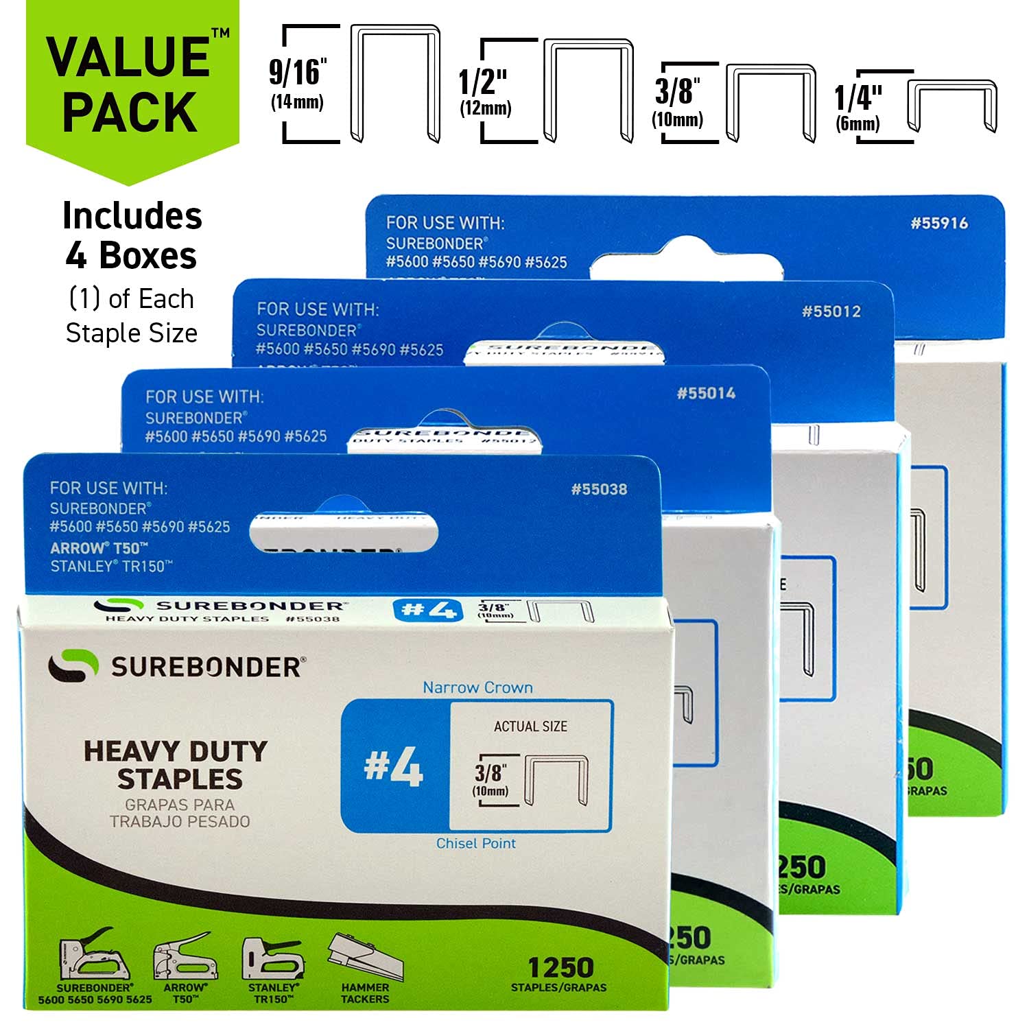Surebonder Heavy Duty Staples No. 4 Variety Pack Includes 5,000 Staples - 1/4-In, 3/8-In, 1/2-In, 9/16-In (55999)