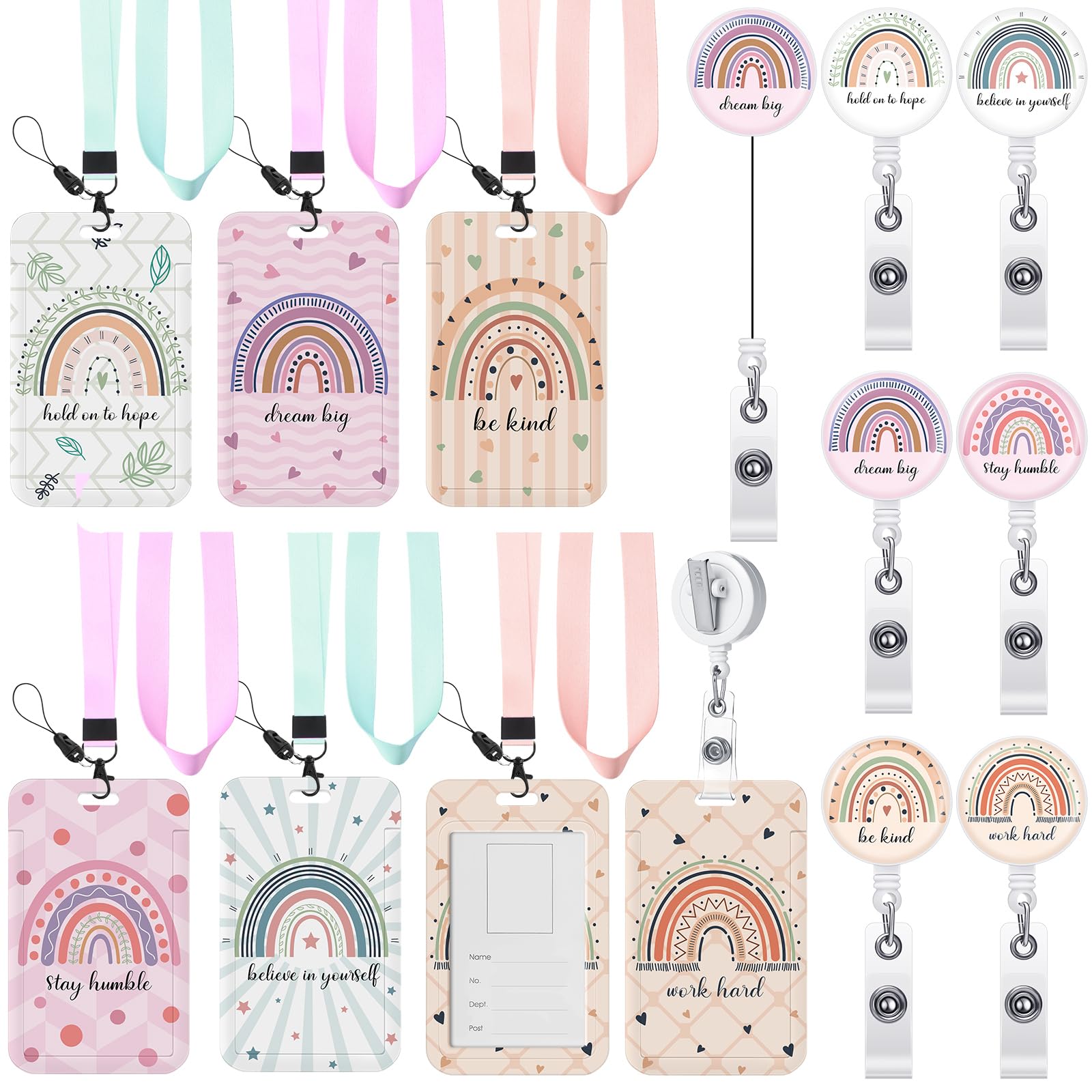 Silkfly 6 Sets Rainbow Inspirational Id Badge Holder With Lanyard And Retractable Badge Clip, Pastel Teacher Appreciation Lanyar