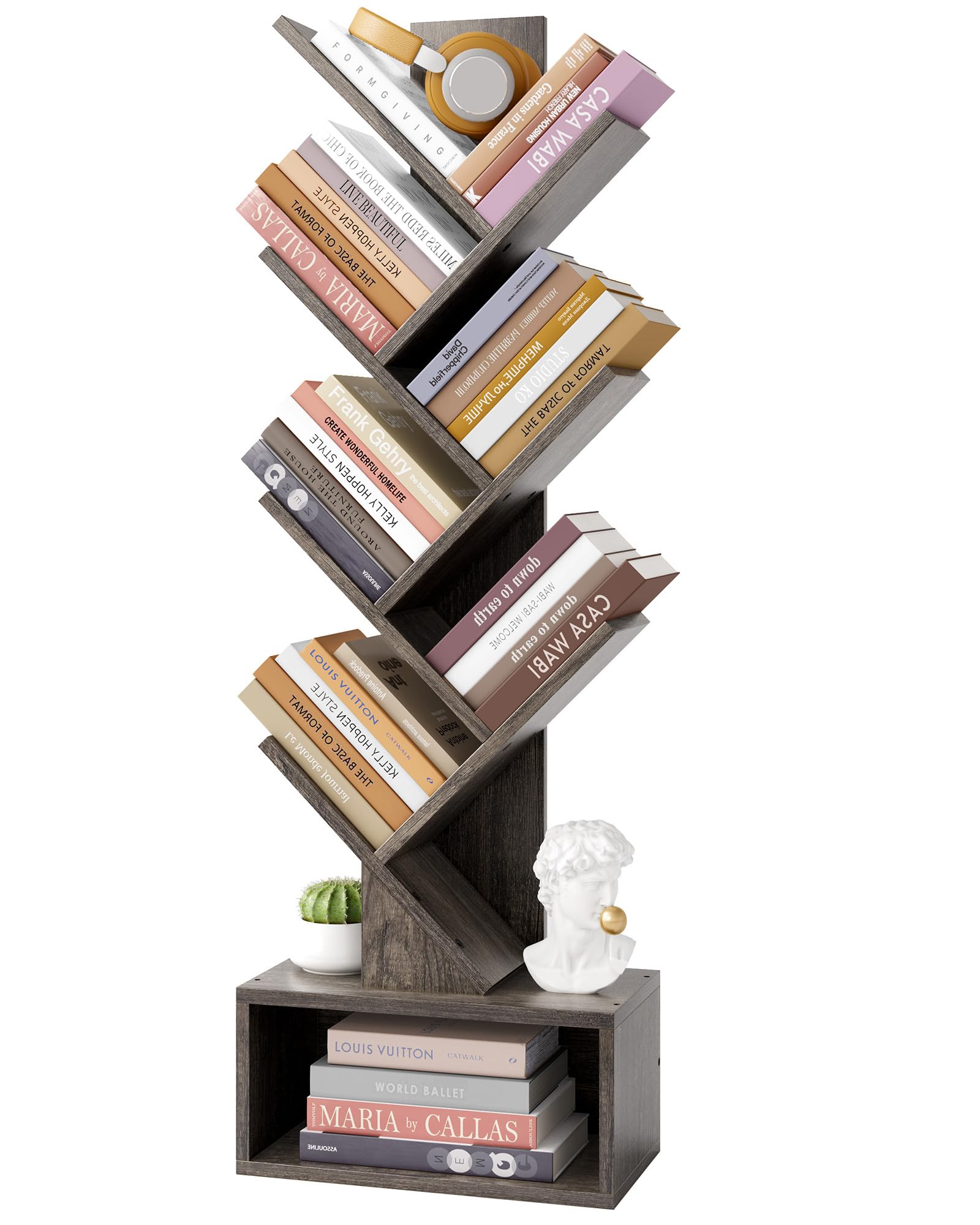 Hoctieon 6 Tier Tree Bookshelf, Tall Bookcase With Drawer, Freestanding Book Shelf, Display Floor Standing Storage Shelf, Book Organizer Shelves For Home Office, Living Room, Bedroom, Grey