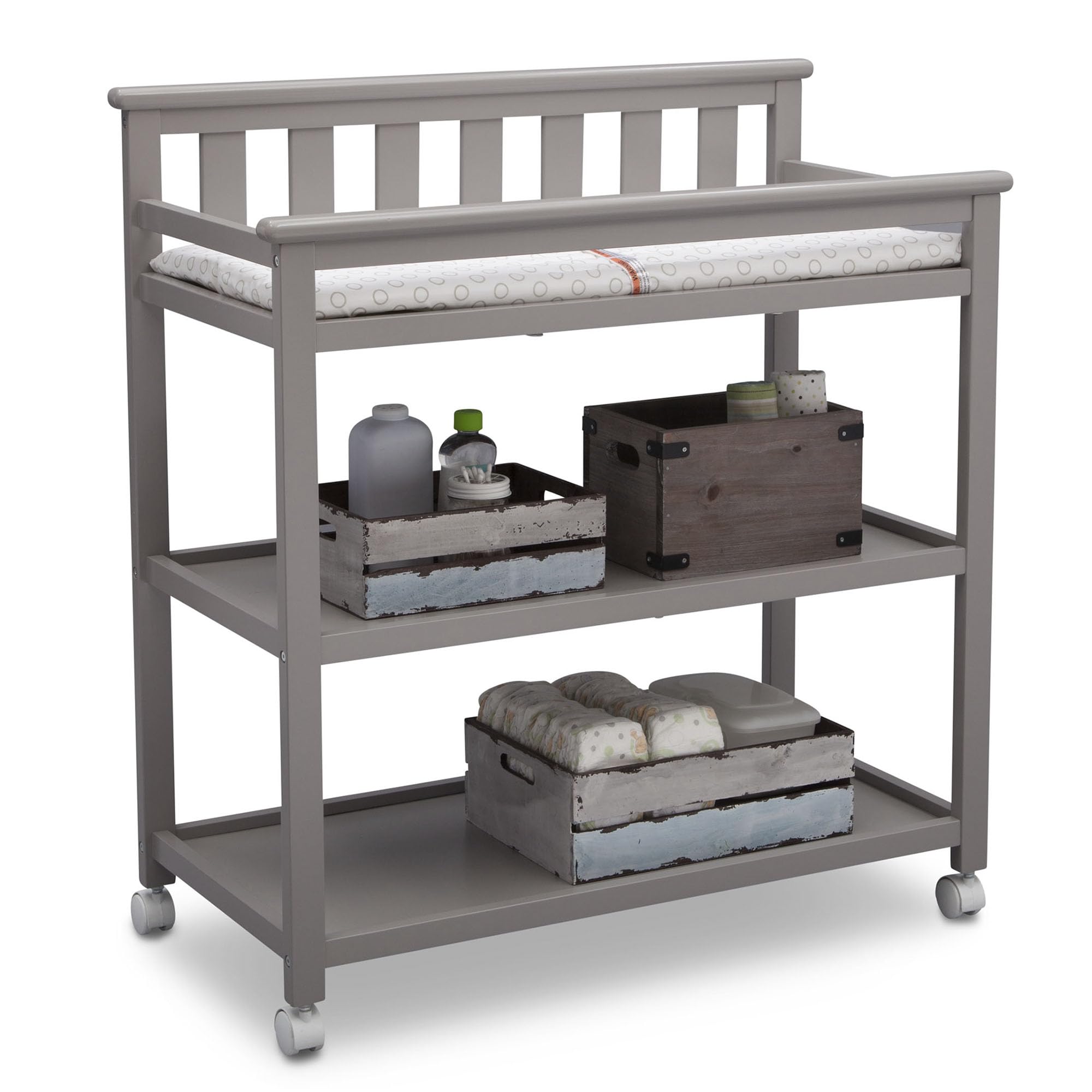 Delta Children Flat Top Changing Table With Wheels And Changing Pad - Greenguard Gold Certified, Grey