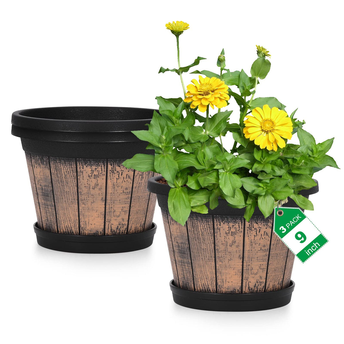 Plant Pots Set Of 3 Pack 9 Inch,Whiskey Barrel Planters With Drainage Holes & Saucer.Plastic Decoration Flower Pots Imitation Wi
