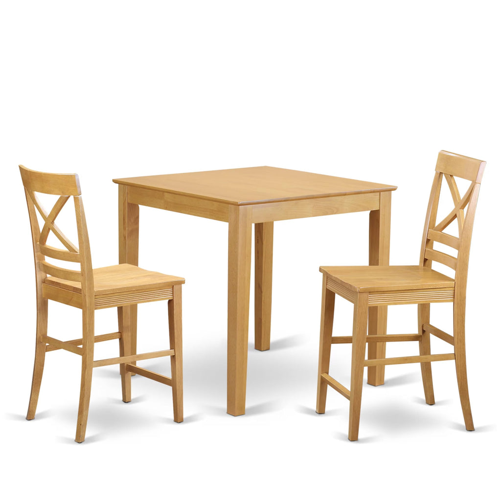 East West Furniture PBQU3-OAK-W 3 Piece Kitchen Counter Set for Small Spaces Contains a Square Dining Room Table and 2 Dining Chairs, 36x36 Inch, Oak