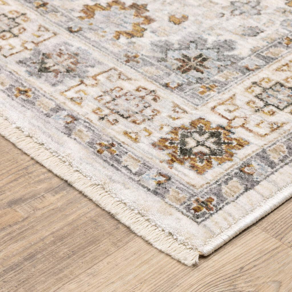 HomeRoots 509448 10 x 13 ft. Ivory & Gold Oriental Power Loom Stain Resistant Rectangle Area Rug with Fringe