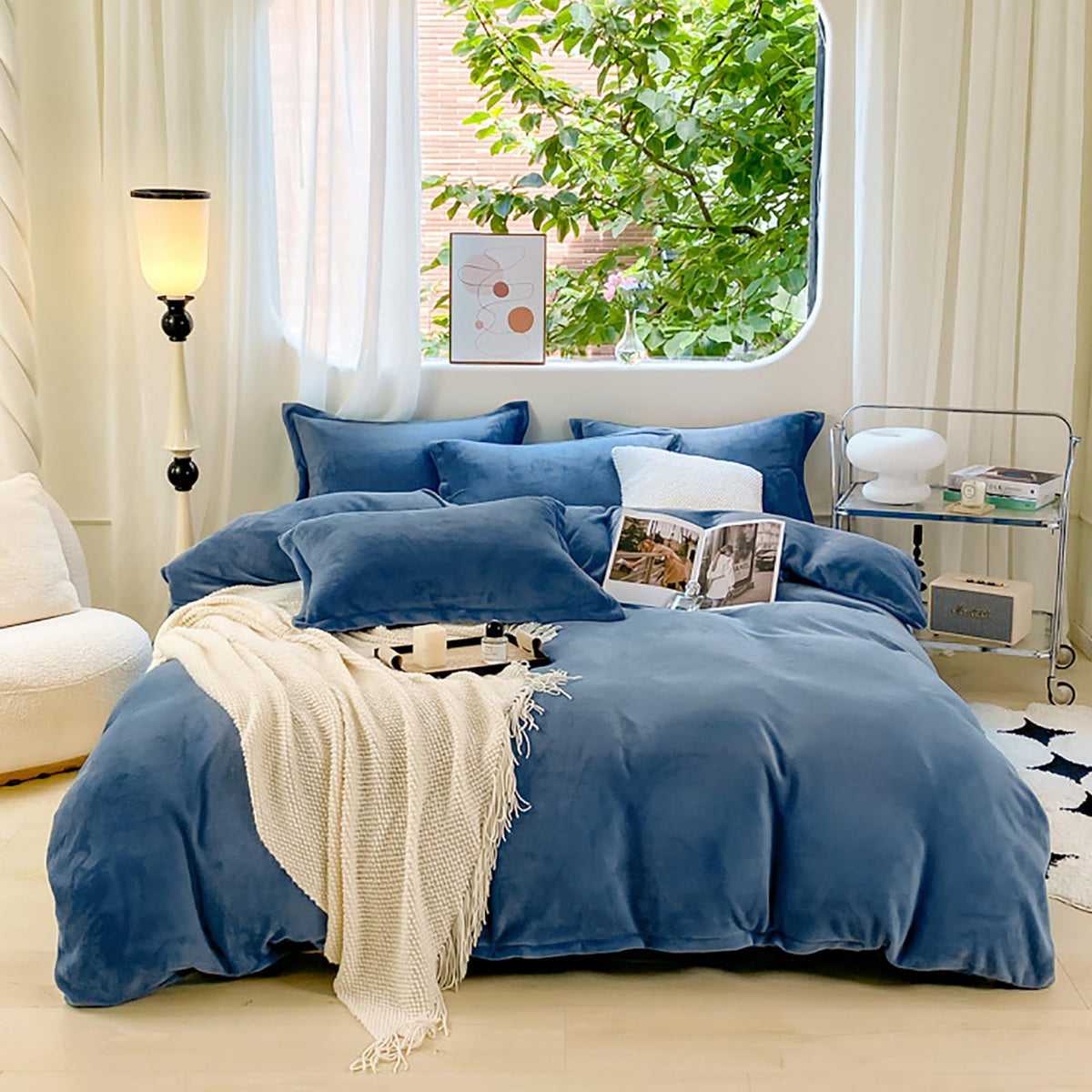 Cottonight Blue Velvet Comforter Set California King Lake Blue Flannel Bedding Comforter Set Thick Heavyweight Bright Blue Warm