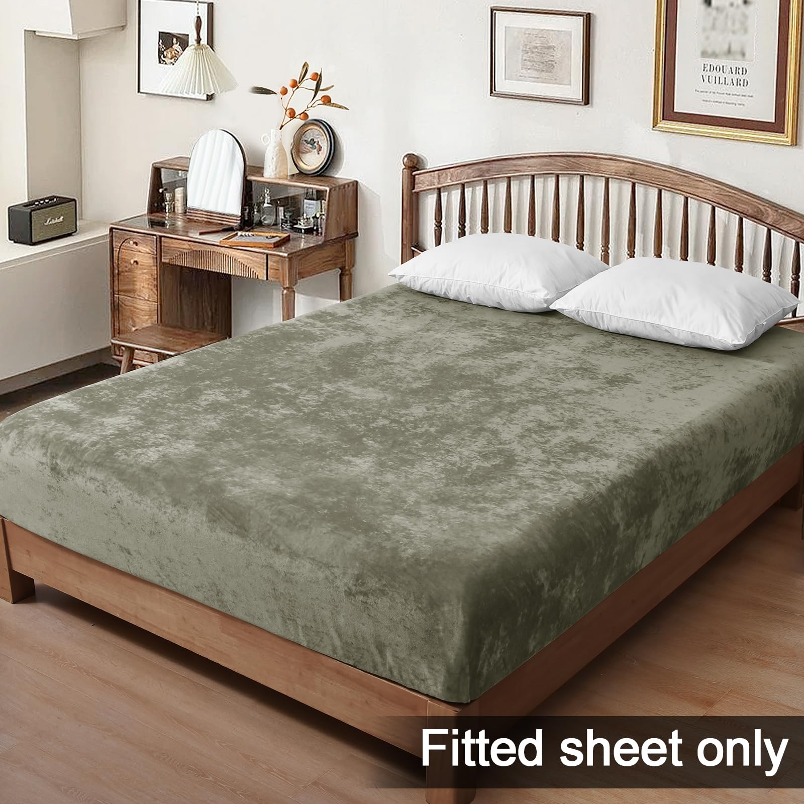 Phf Truly Velvet Fitted Sheet Only King Size, Luxury Super Soft Cozy Comfy Fleece Bottom With 15' Deep Pocket, Suitable For Fall Winter And Spring, No Pillowcases, Smokey Olive