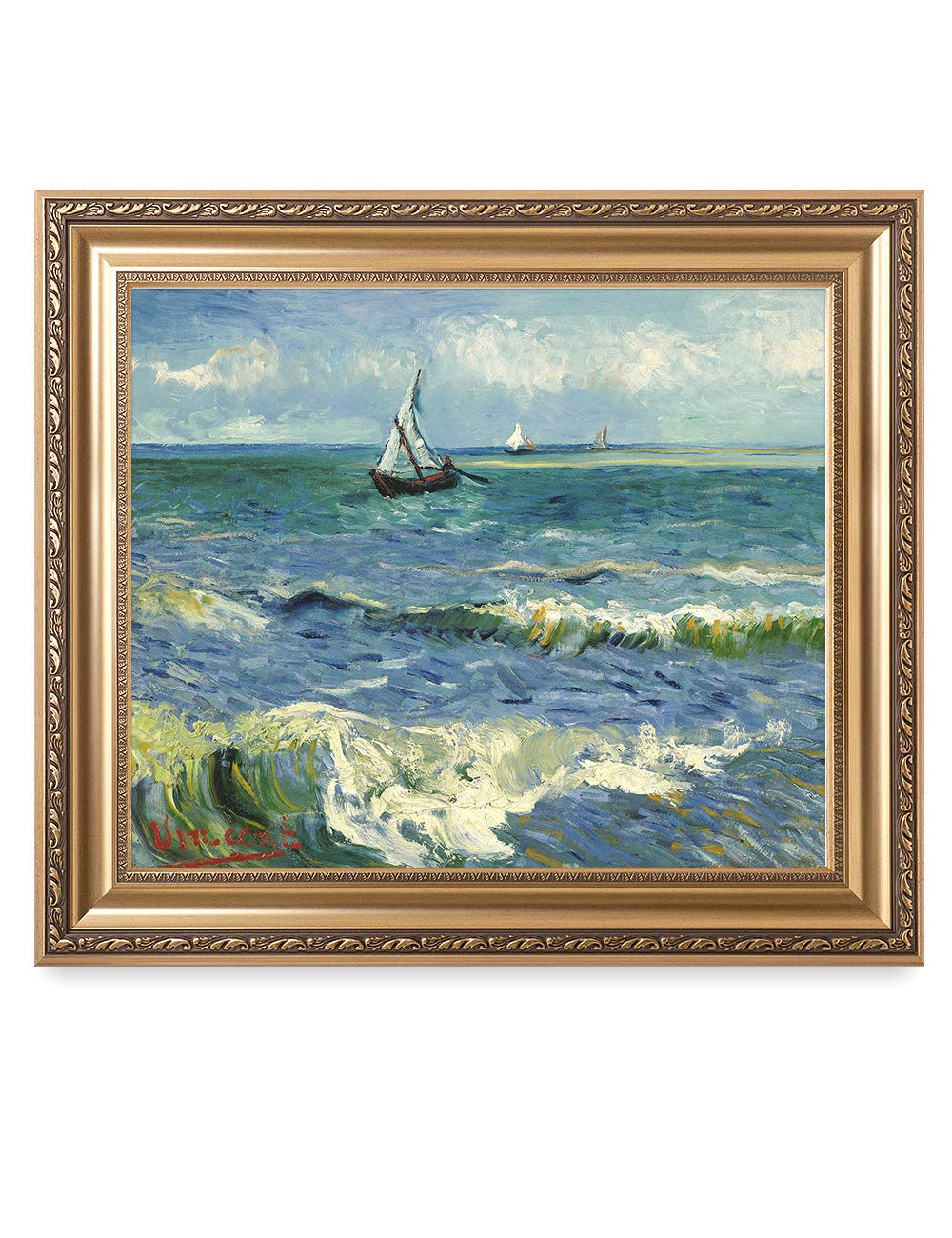 DECORARTS - The Sea at Les Saintes-Maries-de-la-Mer - Vincent Van Gogh. Giclee Print on Canvas with matching Golden-relief Frame