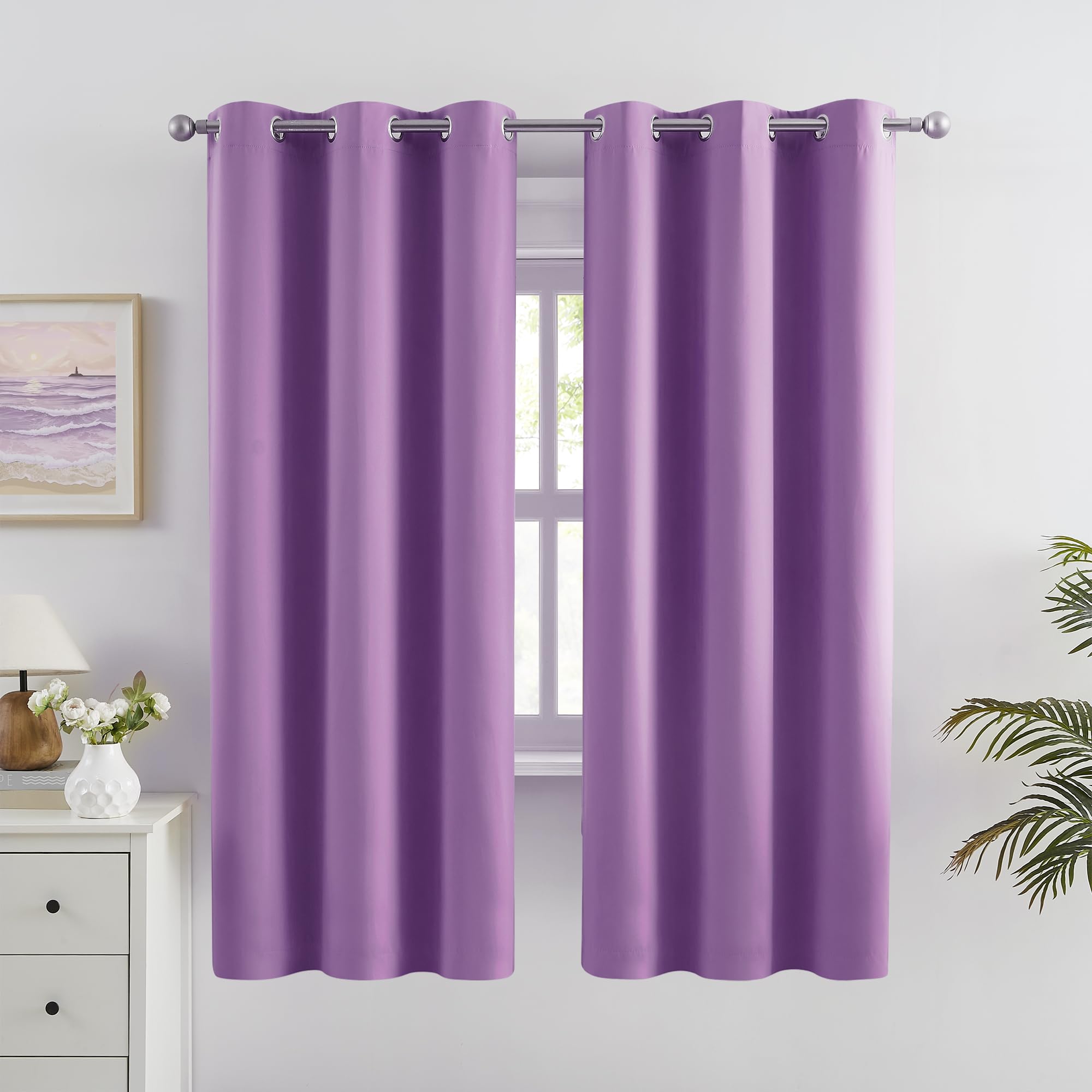 Dualife Blackout Solid Curtains For Kids Room Purple Window Treatment Drapes Thermal Insulated Curtains For Living Room, 2 Panel
