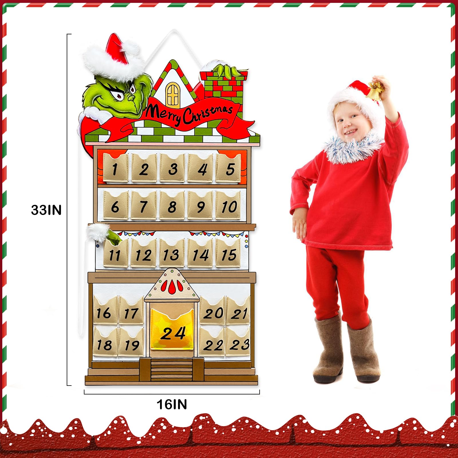 Koupa Hanging Christmas Countdown Advent Calendar, Santa Grinch Green Haired Monster Decoration, Reusable Xmas Gift For Holiday