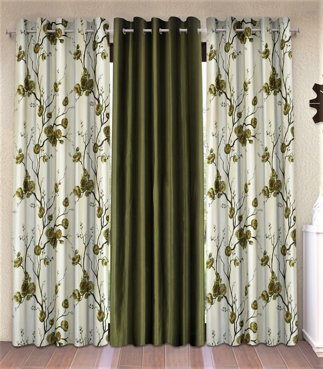 Fashion String 3 Piece 3D Tulips Eyelet Polyester Long Door Curtains  9 Feet, Green