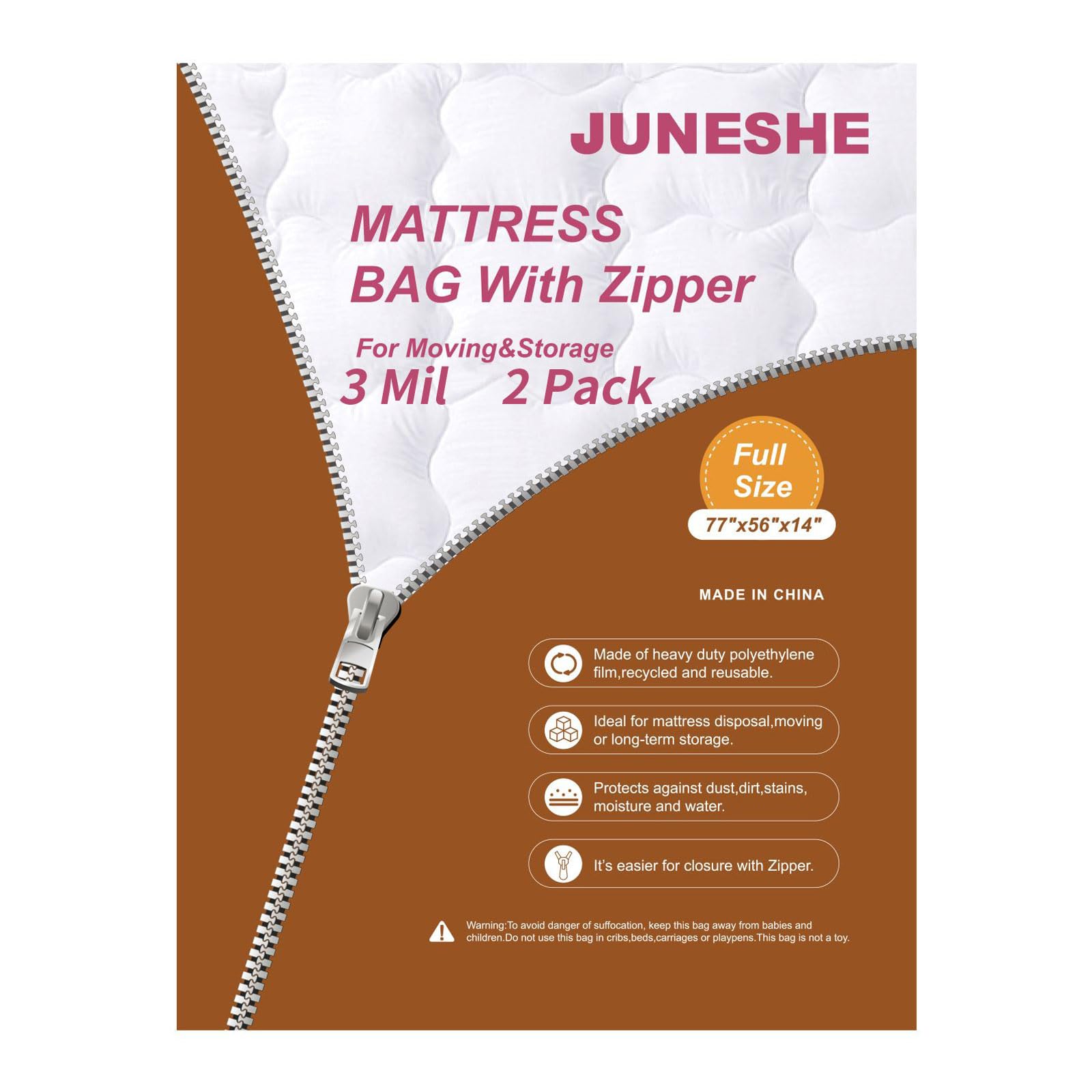 JUNESHE 2 Full Mattress Bags Cover for Moving and Storage-3 Mil Zipper Plastic Waterproof Wrap Protector Reusable Storage Bag