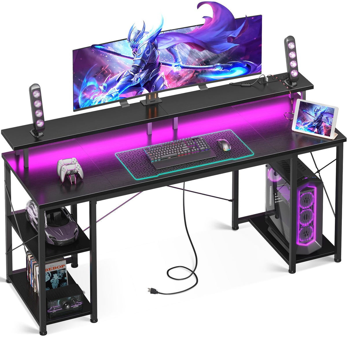 Odk 63 Inch Computer Desk With Power Outlets & Led Lights, Gaming Desk With Monitor Stand & Storage Sheves, Home Office Desk, Black