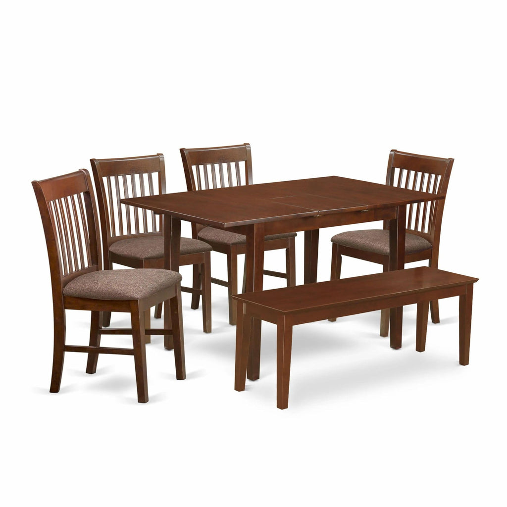 East West Furniture NOFK6C-MAH-C 6 Piece Set Contains a Rectangle Dining Room Table with Butterfly Leaf and 4 Linen Fabric Upholstered Chairs with a Bench, 32x54 Inch