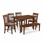 East West Furniture NOFK6C-MAH-C 6 Piece Set Contains a Rectangle Dining Room Table with Butterfly Leaf and 4 Linen Fabric Upholstered Chairs with a Bench, 32x54 Inch