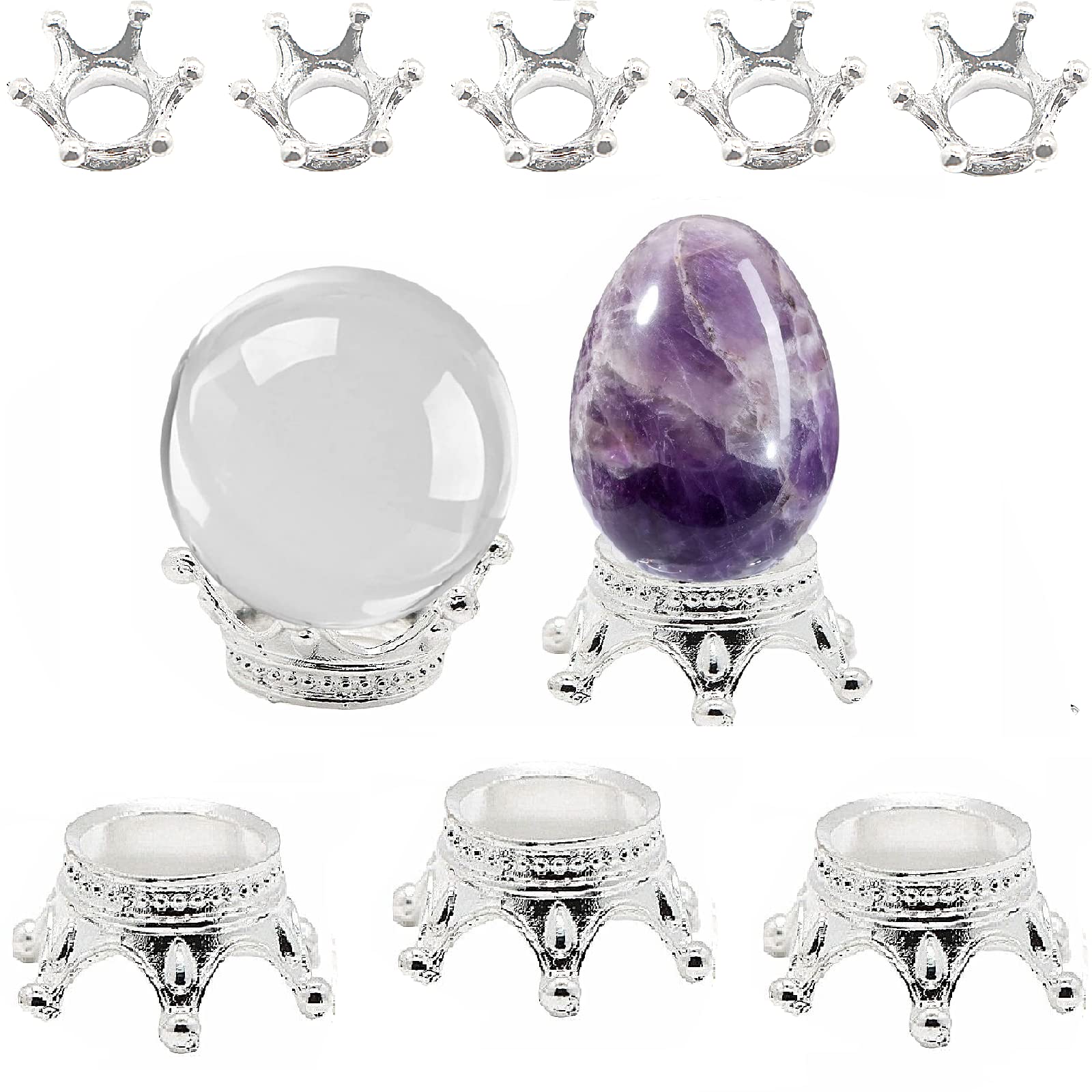 Nwsrayu 2 sizes 10 pcs Metal Silver Crystal Ball Stands Globe Stone Holders Sphere Displays Mini Crown Lensball Base for Balls,T