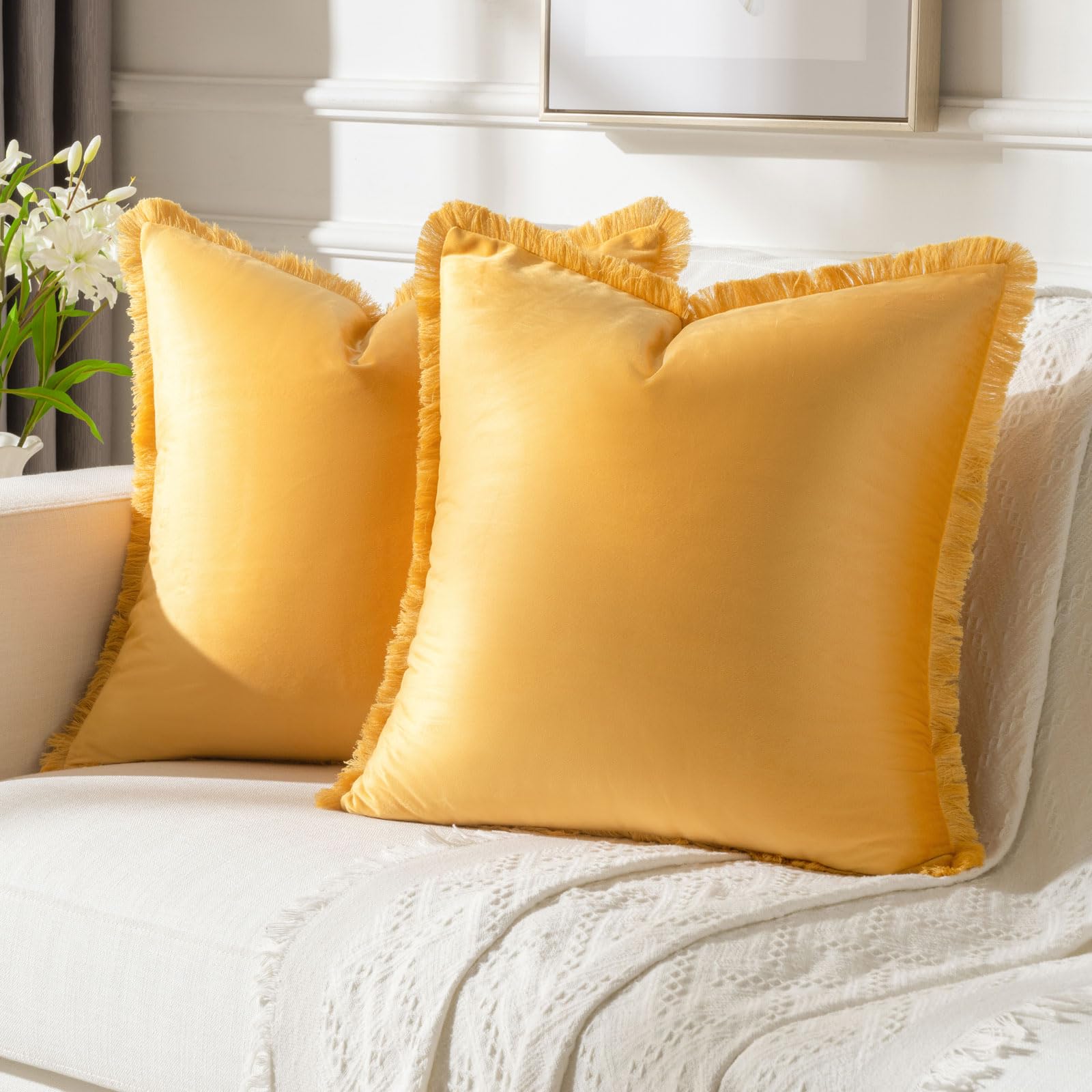 Futei Orange Boho Throw Pillow Covers With Tassels 20X20 Inch Set Of 2,Soft Velvet Decorative Cushion Case,Home Decor For Couch