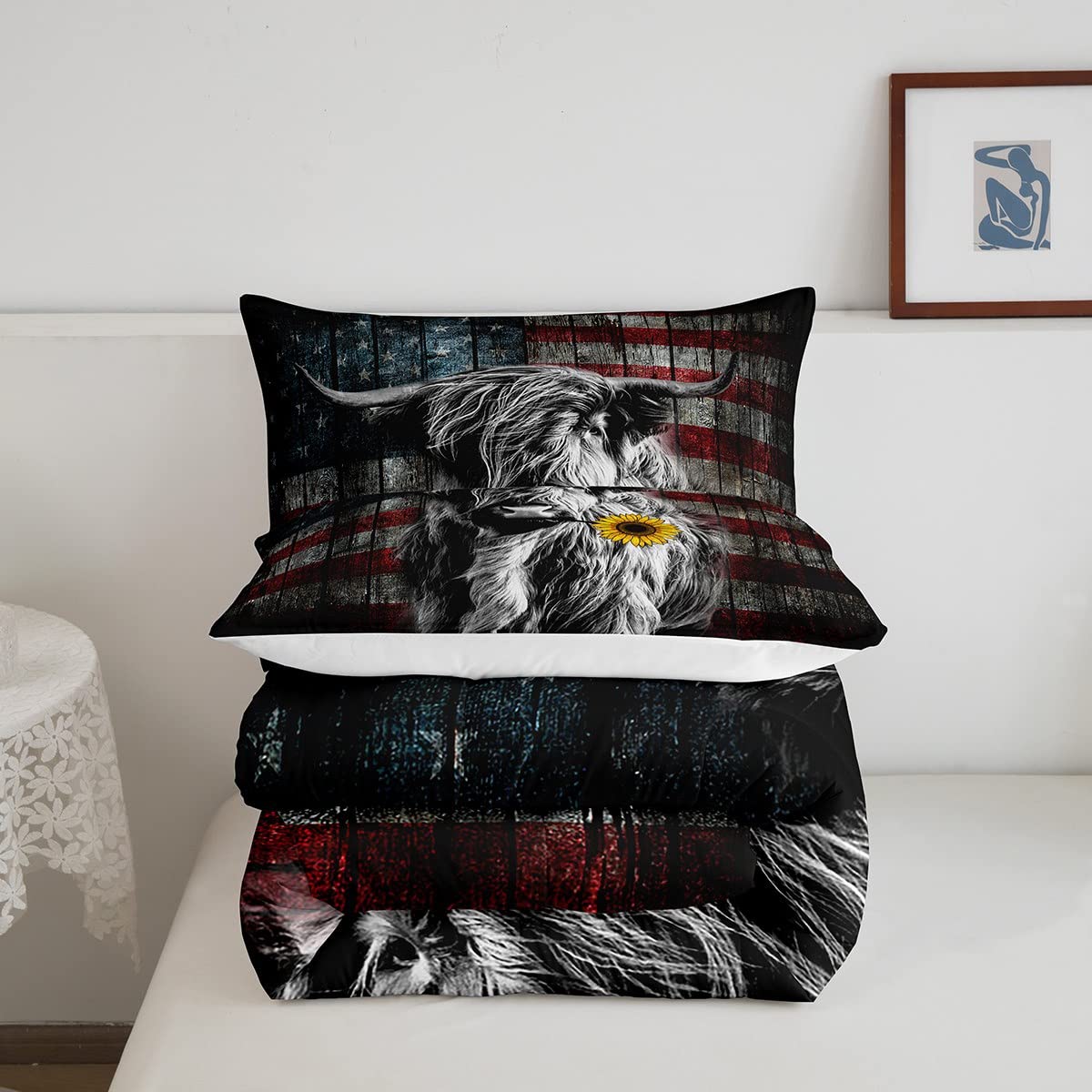 Feelyou Highland Cattle Bedding Set Sunflower Highland Cow Comforter Set For Kids Boys Girls America Flag Bull Comforter Animal