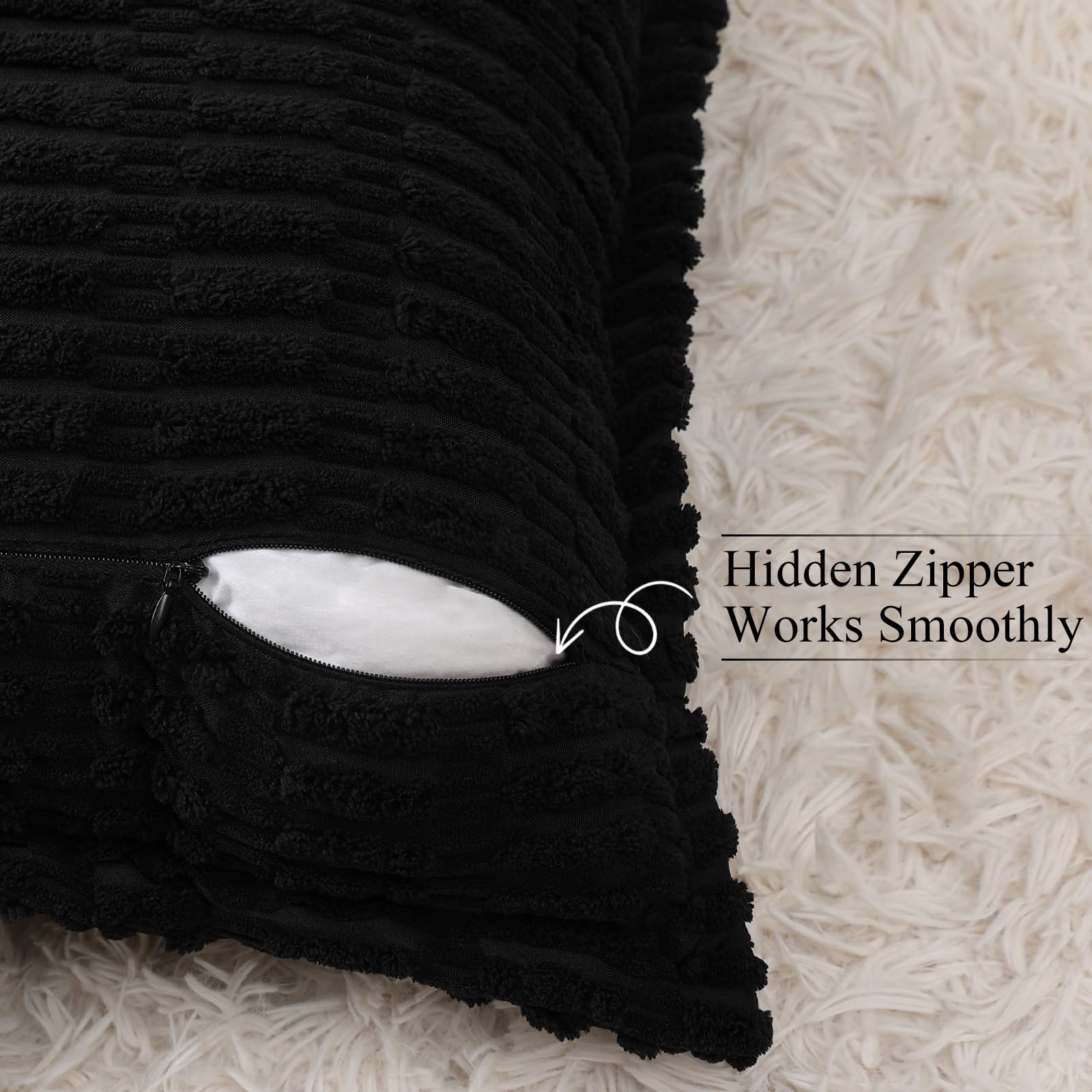 Decoruhome Decorative Black Throw Pillow Covers 24X24 Set Of 2 With Splicing, Boho Soft Corduroy Broadside Twill Pillow Covers F
