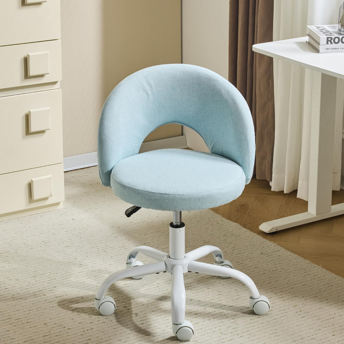 Vingli Small Vanity Chair With Wheels For Girls,Cute Modern Adjustable Height Armless Office Desk Chair,360 Swivel Comfy Rolling