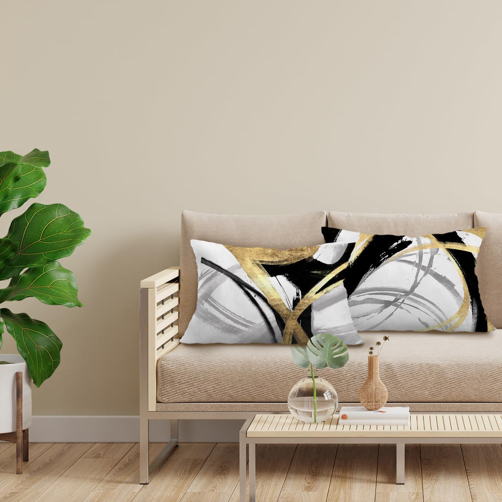 Supwhd Black White And Gold Pillow Covers, Abstract Black And Gold Pillow Covers 12X20 Set Of 2, Modern Boho Home Decor, Black A