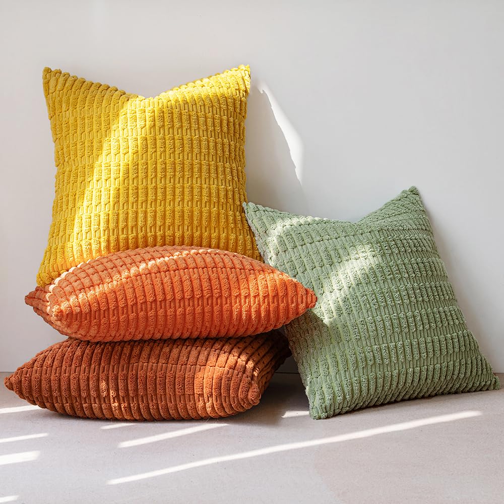 Miulee Pack Of 4 Fall Corduroy Decorative Throw Pillow Covers 16X16 Inch Soft Boho Striped Pillow Covers Modern Farmhouse Home D