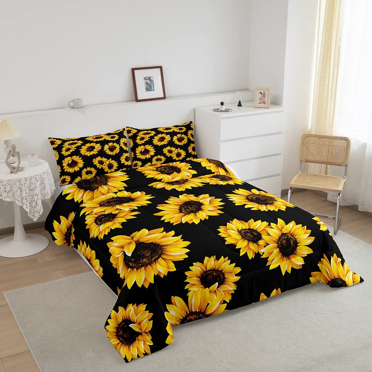Erosebridal Yellow Sunflowers Bedding Black Yellow Comforter Set Gold Yellow Sunflowers Printed Luxury Black Boys Girls Bedding