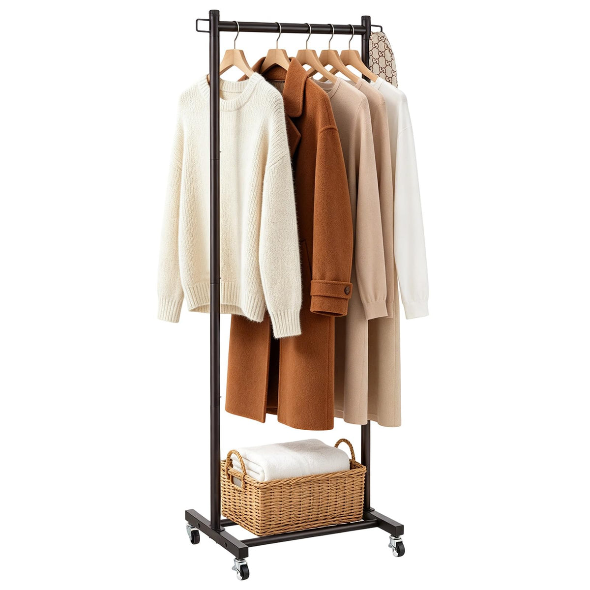 LiaMeE 63 Inch Tall Clothes Rack with Wheels, Heavy Duty Metal Garment Rack with Shoe Shelf, Rolling Clothing Rack Holds 110lbs,