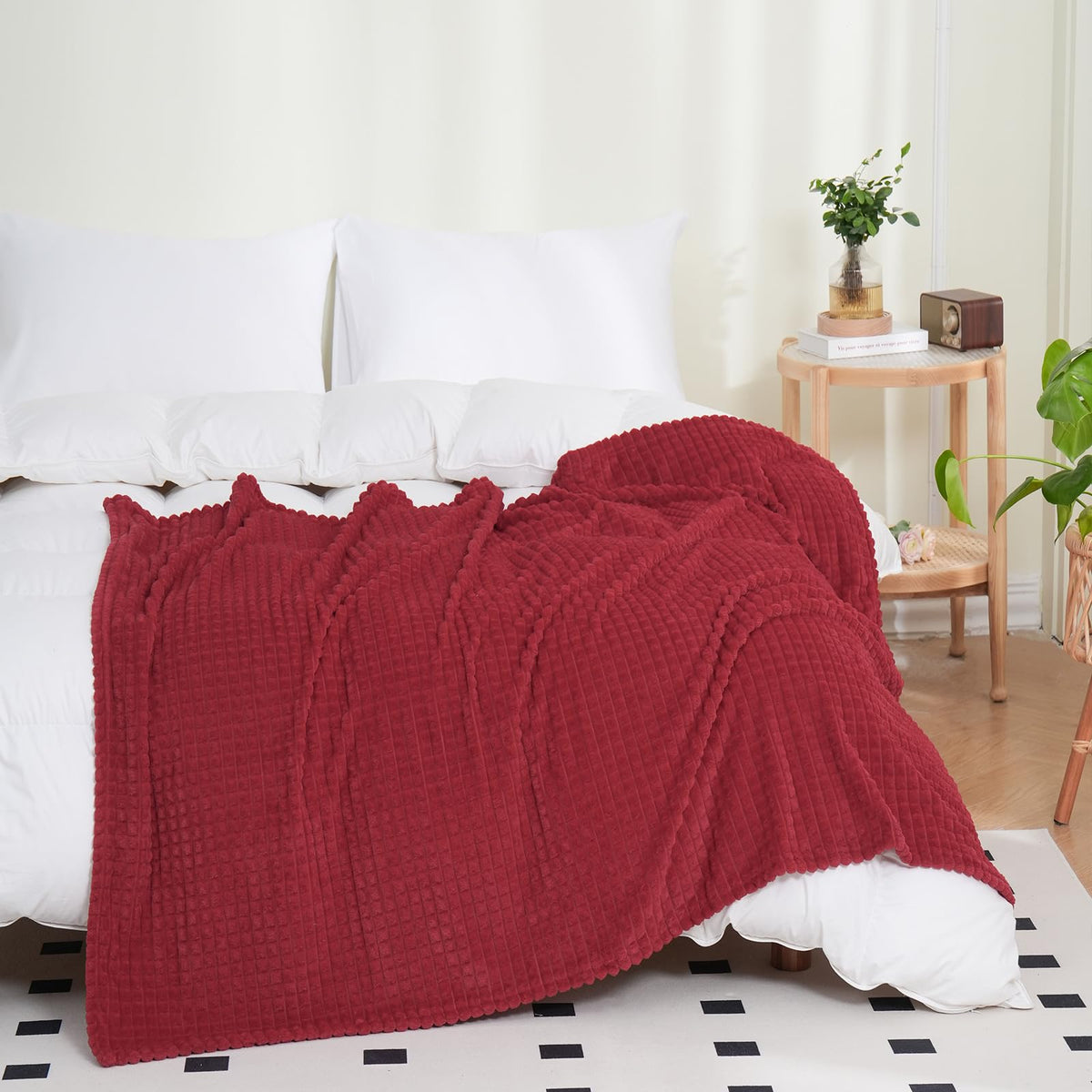 Puncuntex Flannel Fleece Throw Blanket Red 90''  90'',Super Soft Plush Cozy Blanket With Square Grid Design Luxury For Couch Sof