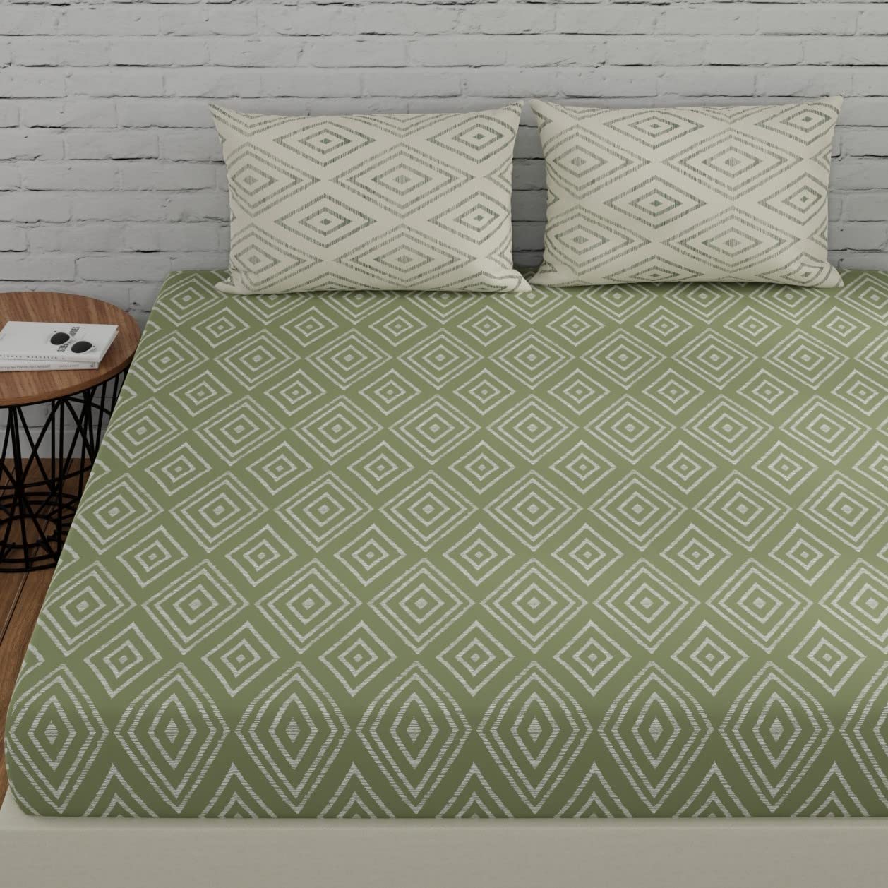 Huesland By Ahmedabad Cotton 144 Tc Cotton Elastic Bedsheets For King Size Bed With 2 Pillow Covers | 72X78 Inches | Sage Green 