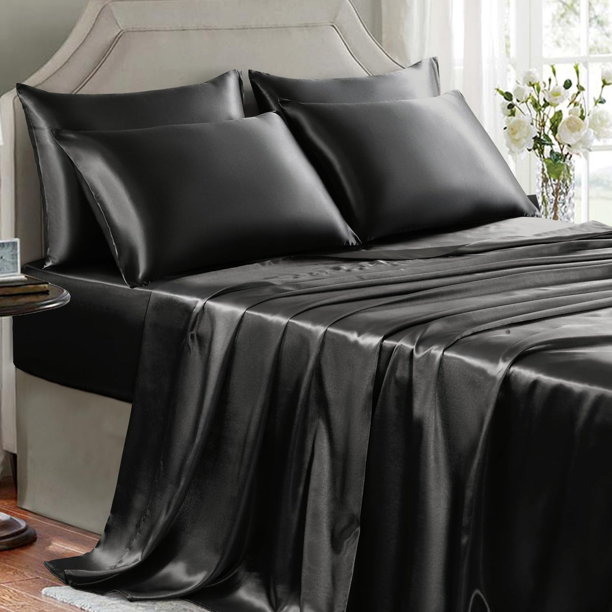Golal Satin Sheets Full Size - 6 Pieces Luxury Silky Soft Bed Sheets, Wrinkle-Free Black Satin Silk Sheet Set With 1 Deep Pocket