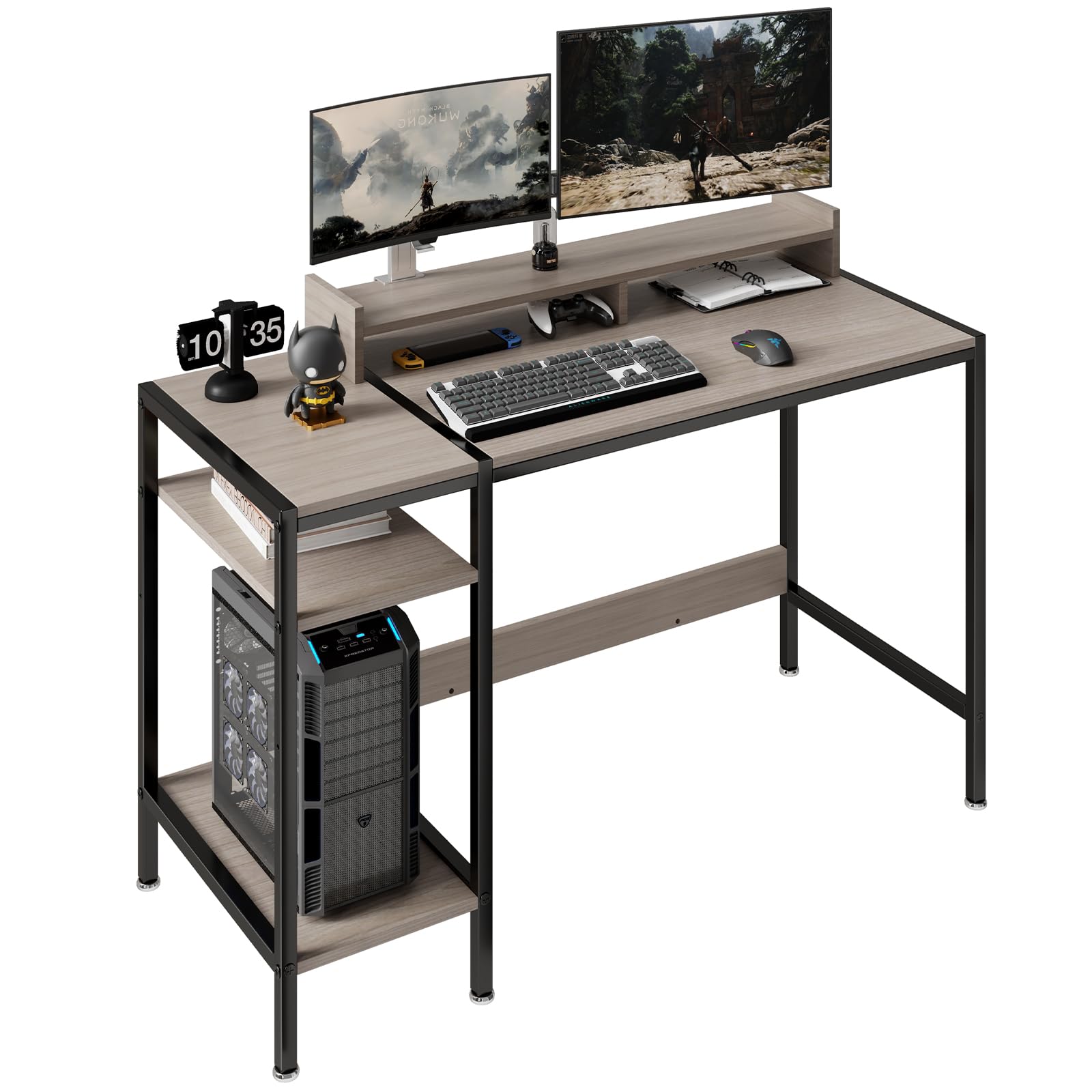Vivomexisaura Gaming Home Office Computer Desk With Monitor Stand, Writing Desk For 2 Monitors, Adjustable Storage Space (Grey,