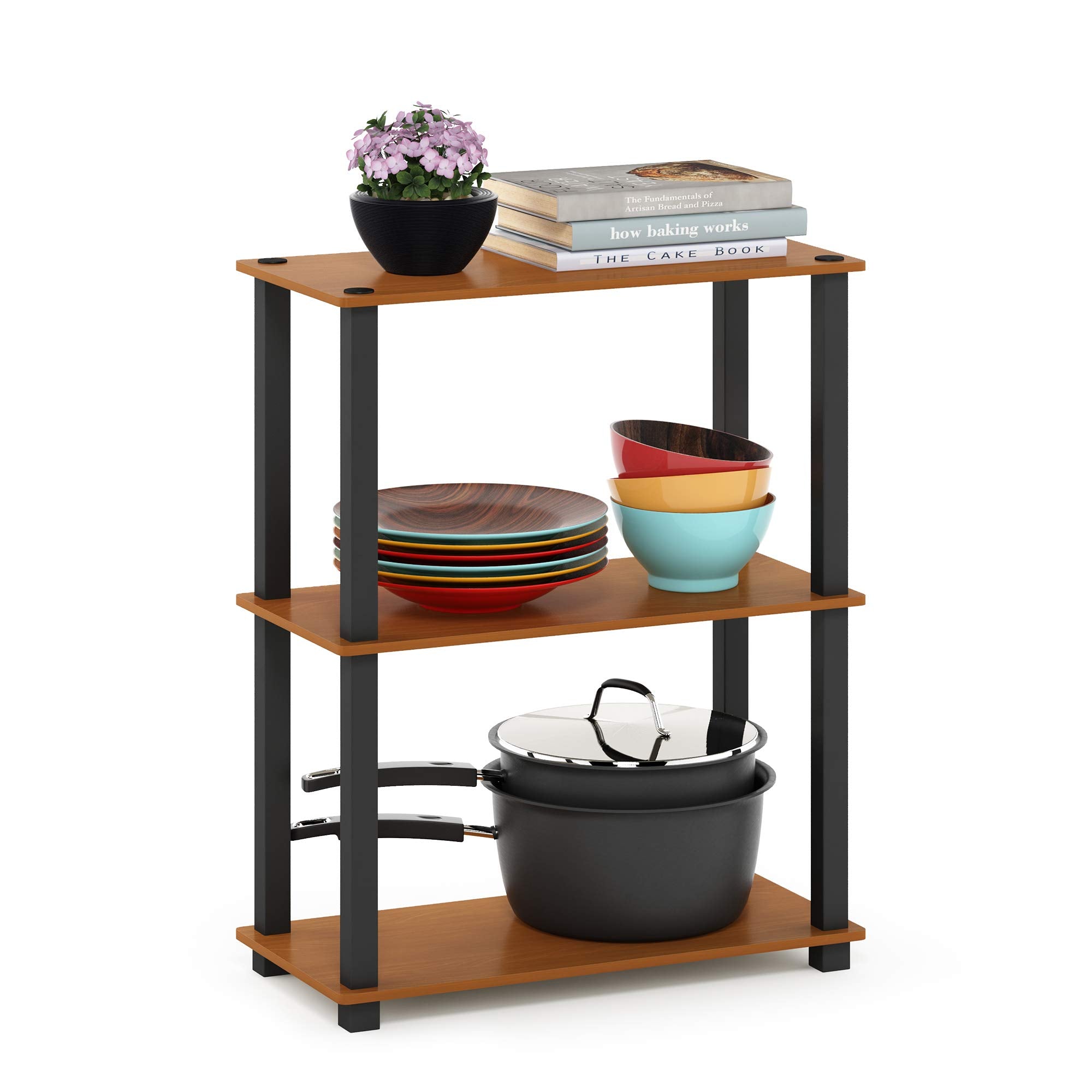 Furinno Turn-S-Tube 3-Tier Compact Multipurpose Shelf Display Rack With Square Tube, Light Cherry/Black