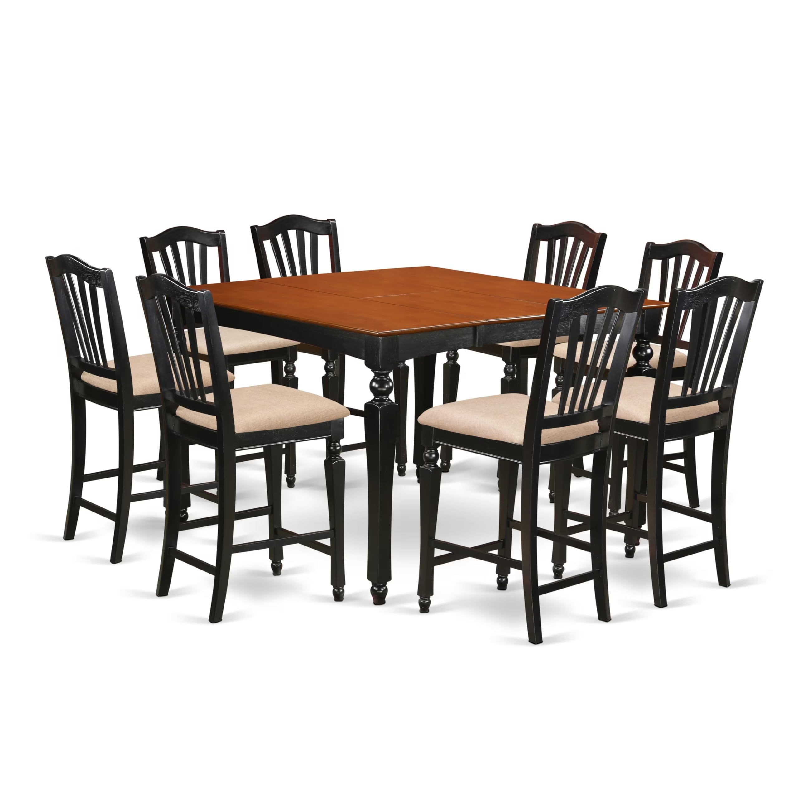 East West Furniture CHEL9-BLK-C Chelsea 9 Piece Kitchen Counter Set Includes a Square Table with Butterfly Leaf and 8 Linen Fabric Dining Room Chairs, 54x54 Inch