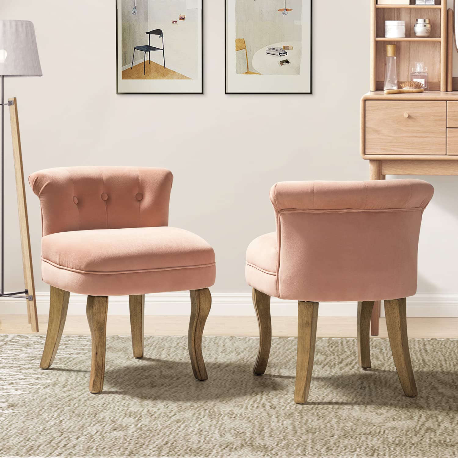 HULALA HOME Velvet Vanity Chairs with Low Back, Pink Small Vanity Stool with Wood Legs, Upholstered Tufted Makeup Chairs for Bed