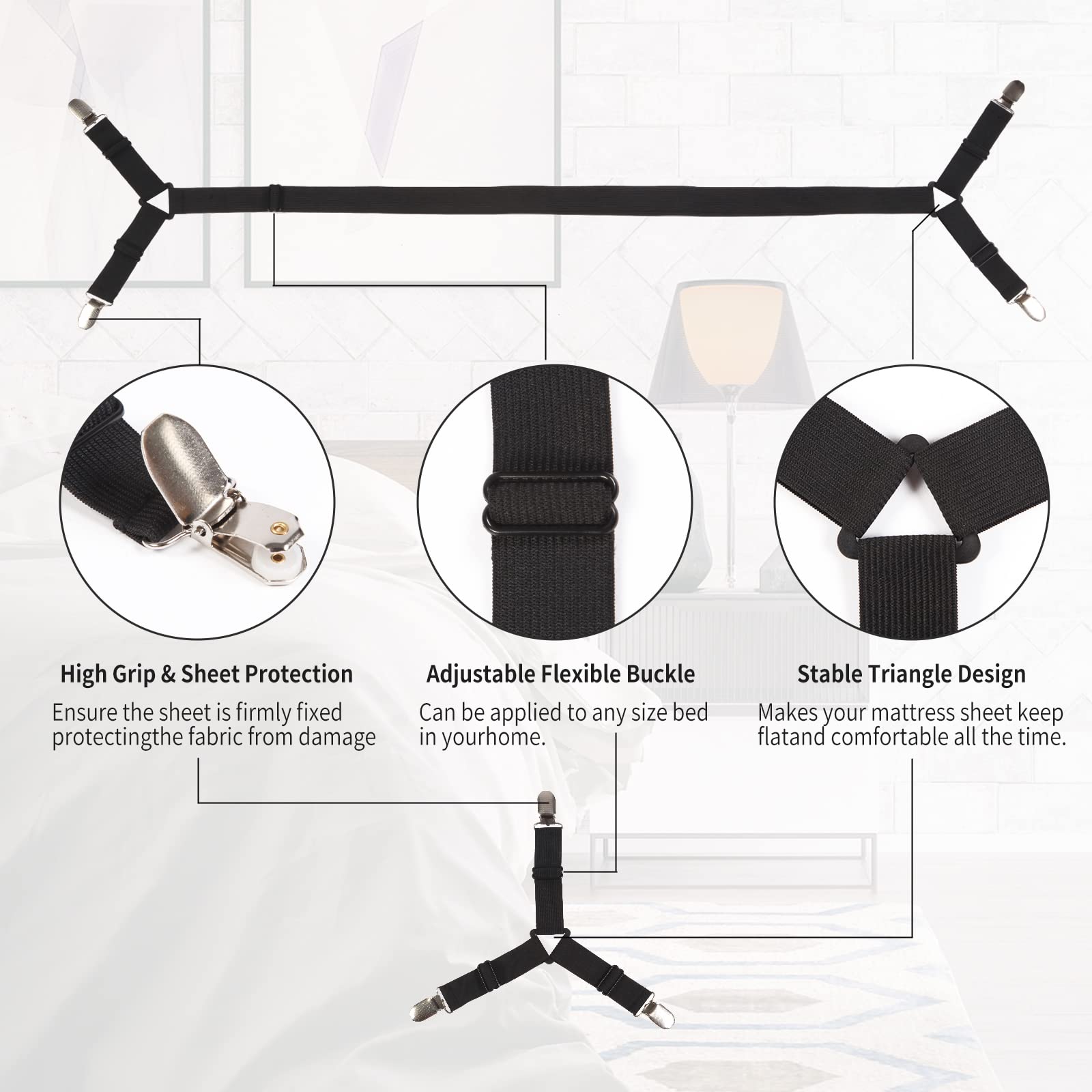 Luyena Bed Sheet Straps,4+1 Pcs Fitted Sheet Clips Holder,Upgraded Triangular Sheet Clip For Corner, Elastic Adjustable Sheet Strap For Mattress Cover, Sheet, Sofa Cushion 1(Black)