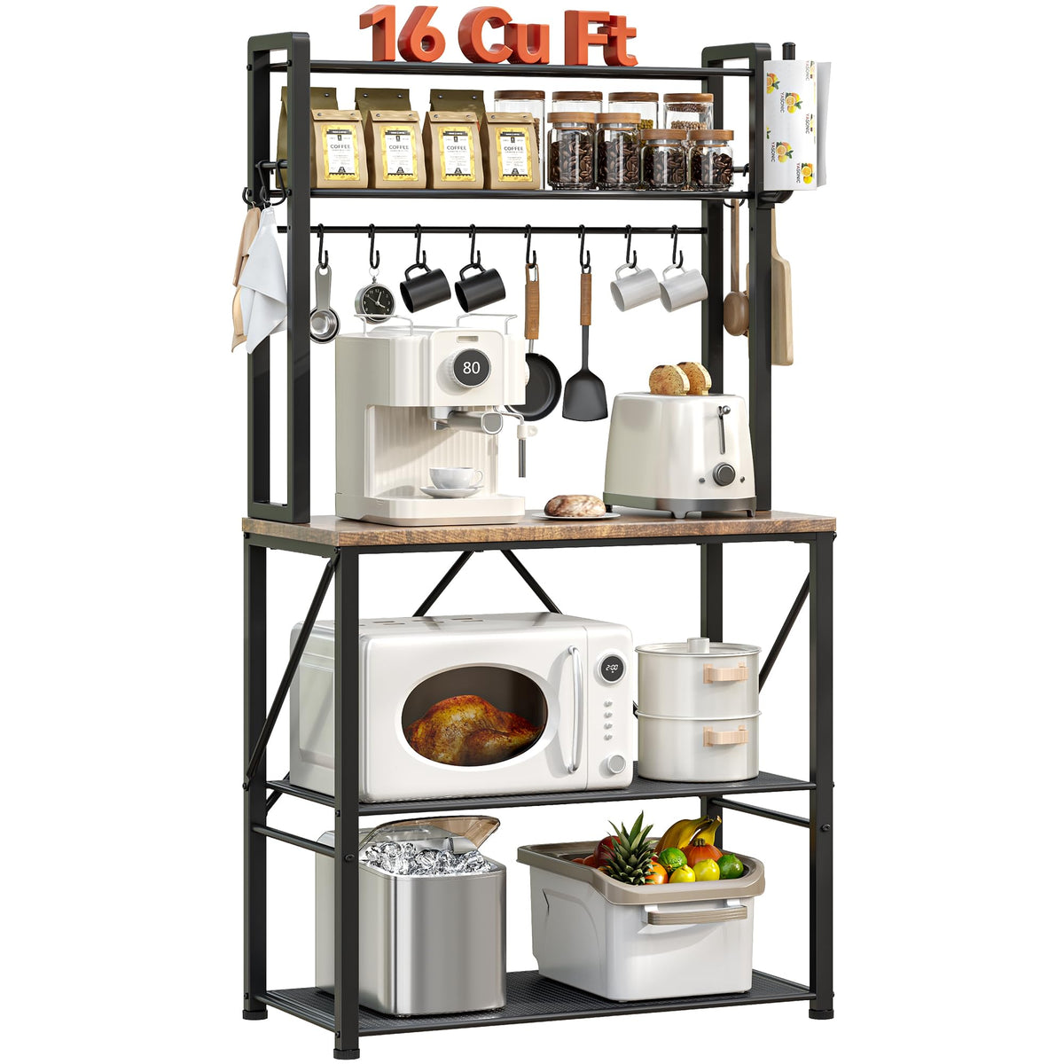 YASONIC Coffee Bar, Bakers Rack with Storage, 25.6 Inches Microwave Stand, 5 Tier Kitchen Shelves Appliance Storage, 12 S Hooks 