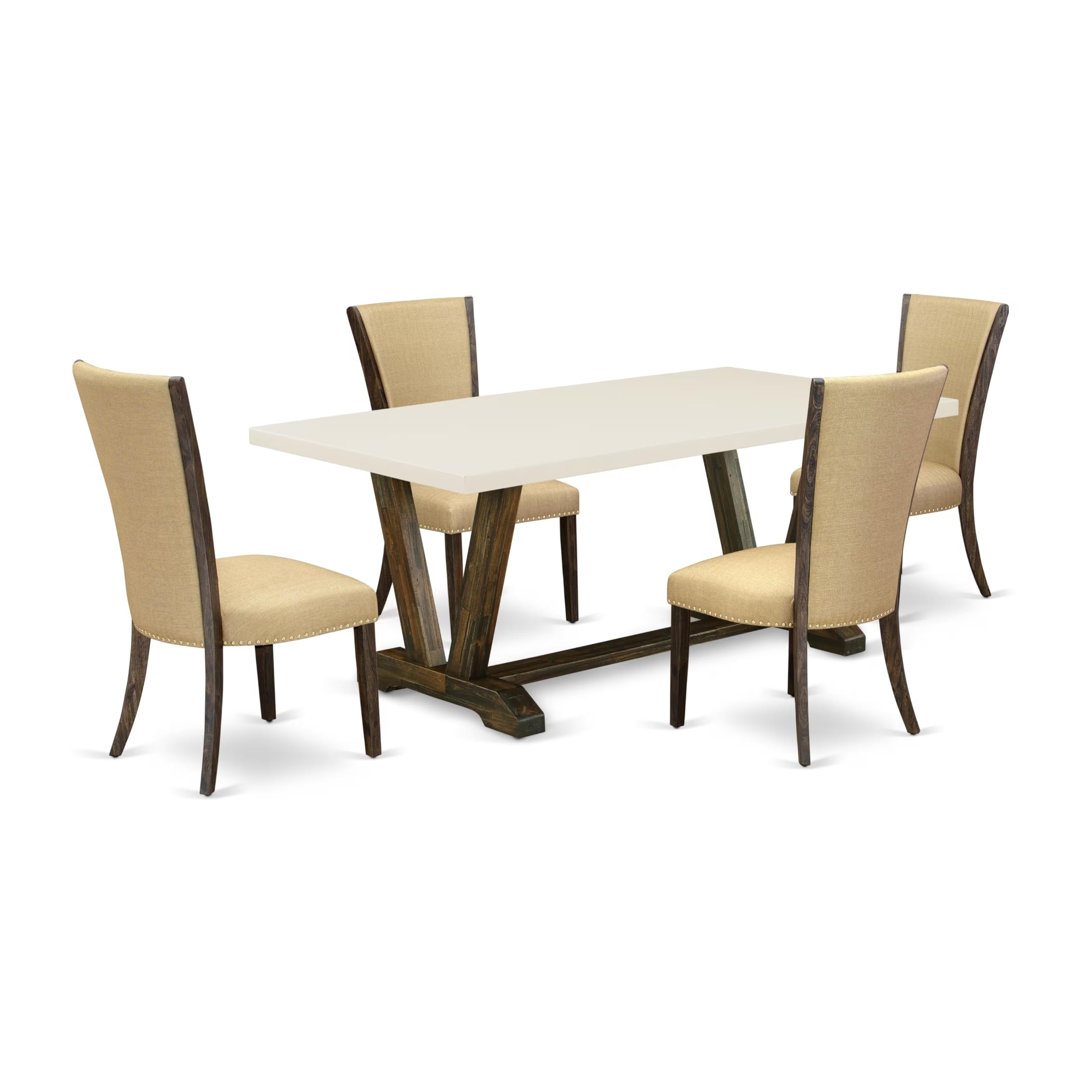 East West Furniture V727Ve703-5 5 Piece Dining Room Table Set Includes A Rectangle Dining Table With V-Legs And 4 Brown Linen Fabric Upholstered Parson Chairs, 40X72 Inch, Multi-Color