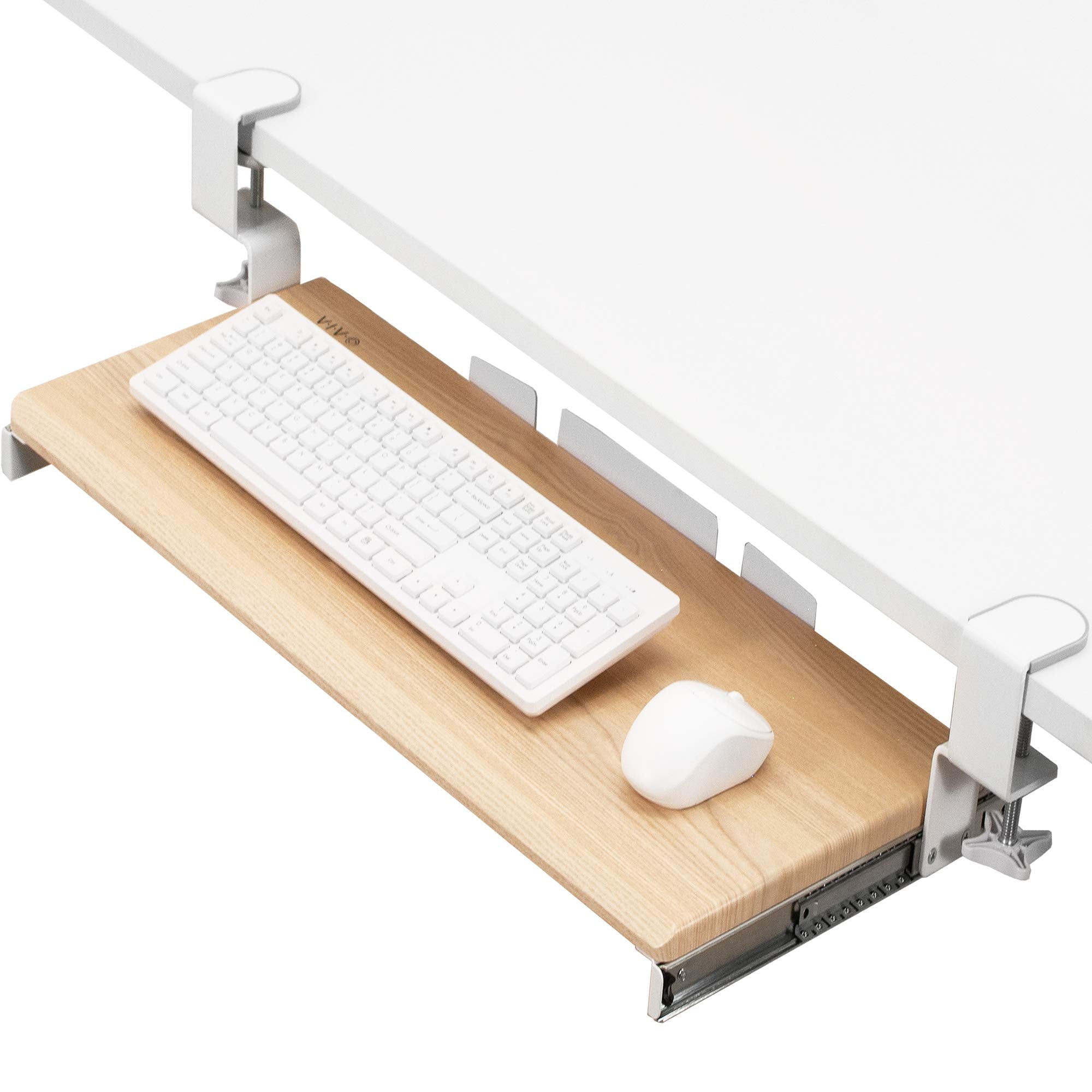 Vivo Large Clamp-On Computer Keyboard And Mouse Under Desk Slider Tray, 27 X 11 Inch Pull Out Platform Drawer, Light Wood, Mount