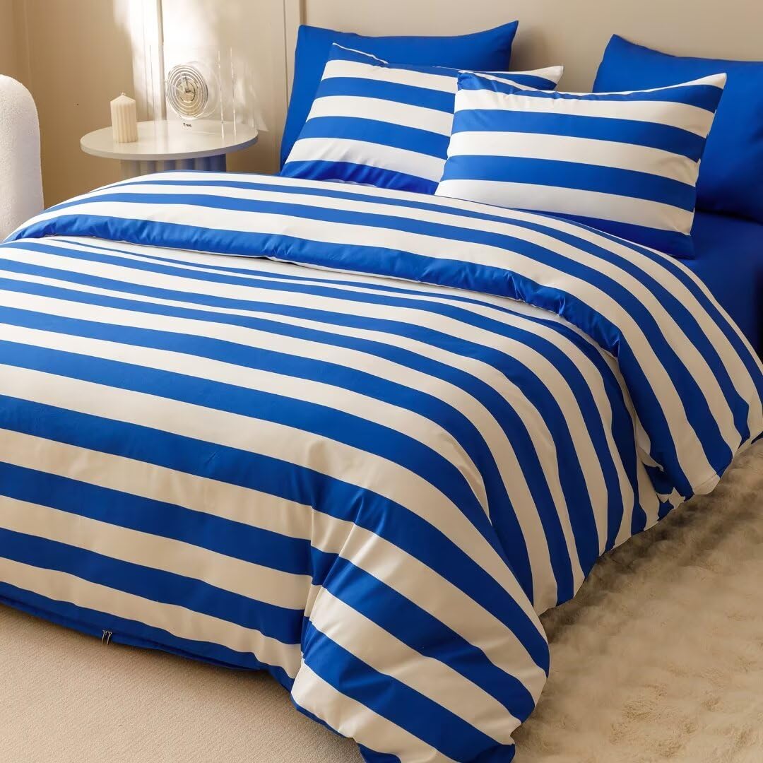 Clothknow Blue White Striped Queen Comforter Set 3Pcs Blue White Bedding Comforter Sets Stripes Comforter Queen Blue Comforter Lightweight Comforter Sets Queen All Season