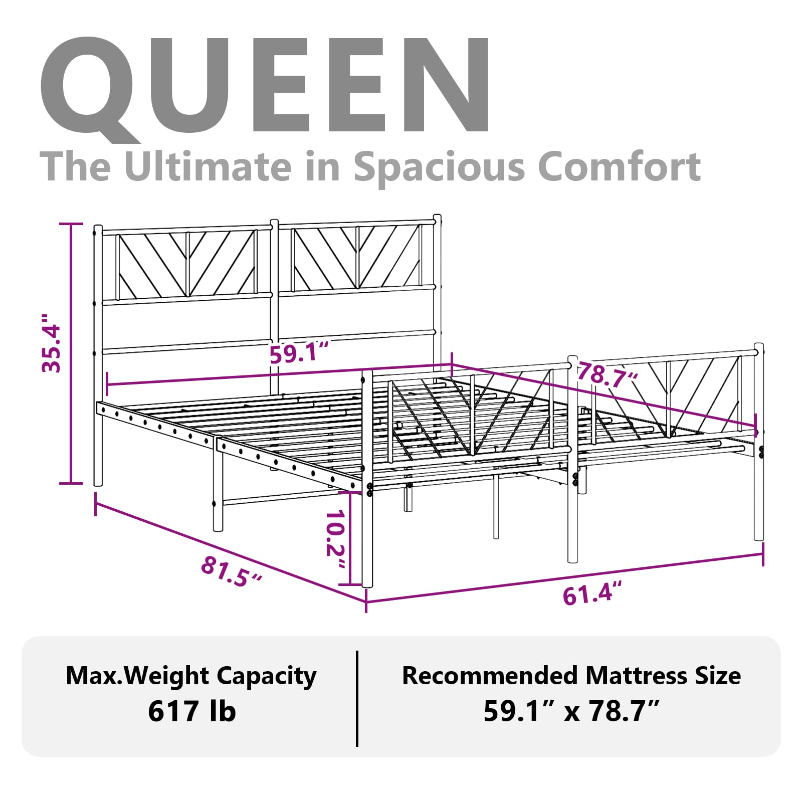 vidaXL Queen Metal Bed Frame with Headboard and Footboard, Under Bed Storage Space, Sturdy Steel Construction and Easy Assembly, Minimalist Style, Black, 12'' High, Without Mattress