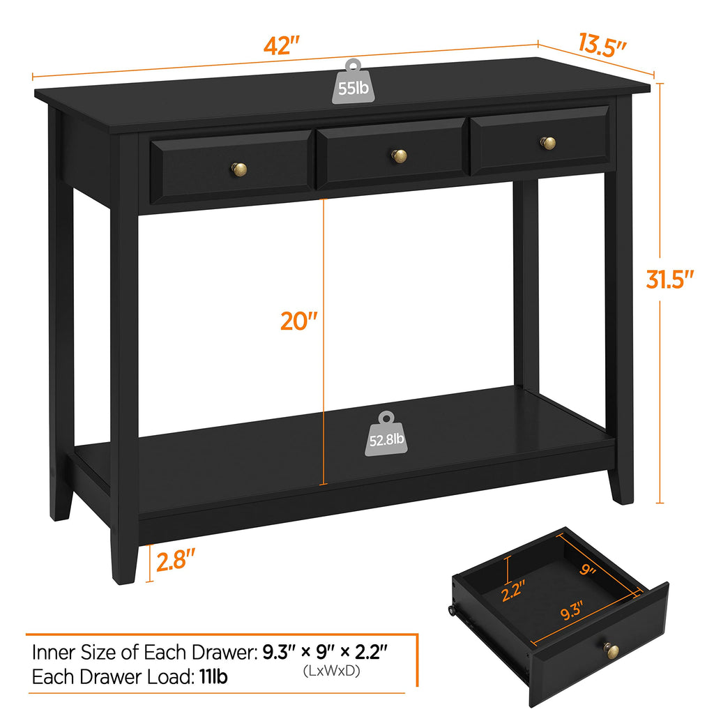 Yaheetech Black Console Table with 3 Drawers, 42 Entryway Table for Living Room, Hallway, Foyer, Narrow Design with Storage Shelf