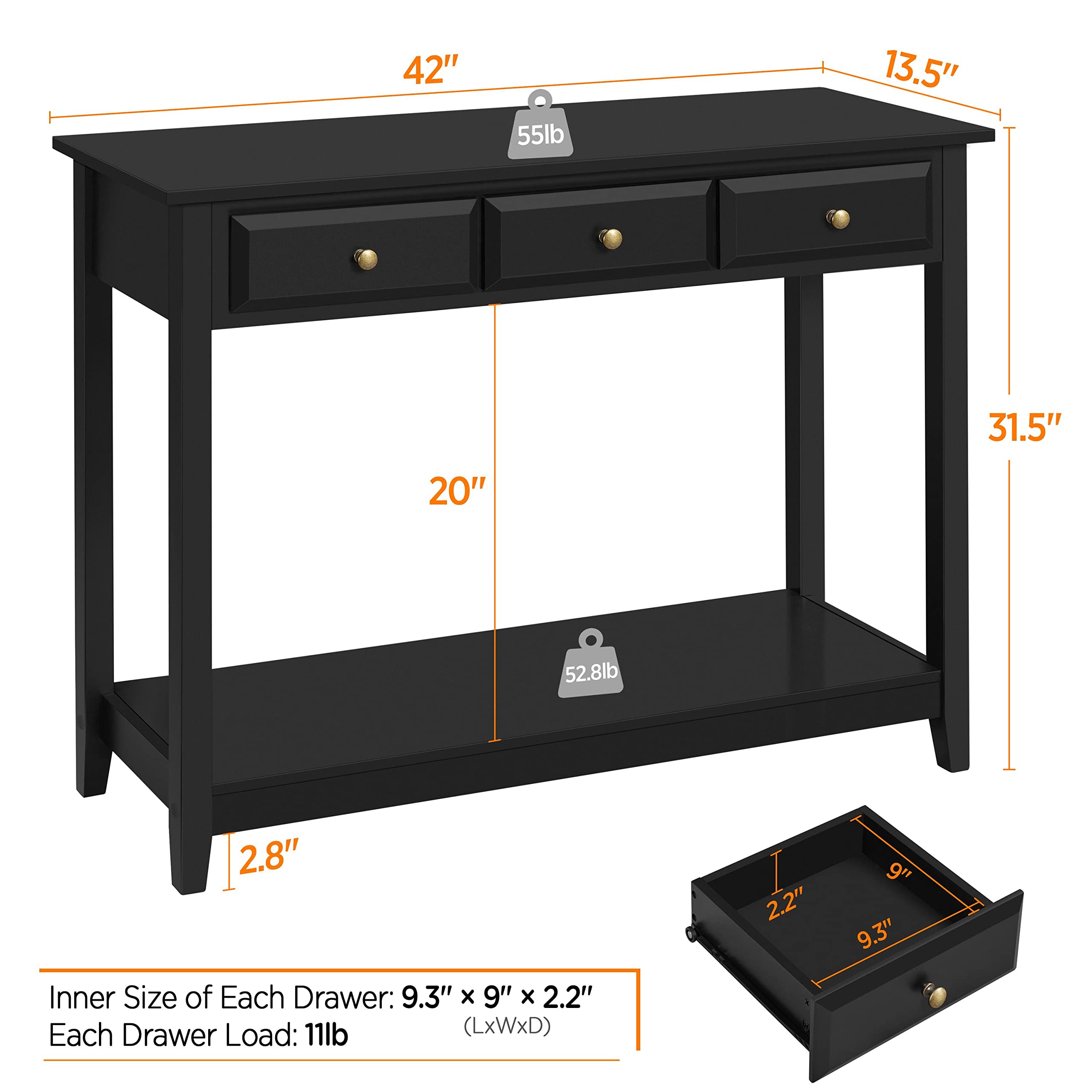 Yaheetech Black Console Table with 3 Drawers, 42 Entryway Table for Living Room, Hallway, Foyer, Narrow Design with Storage Shelf