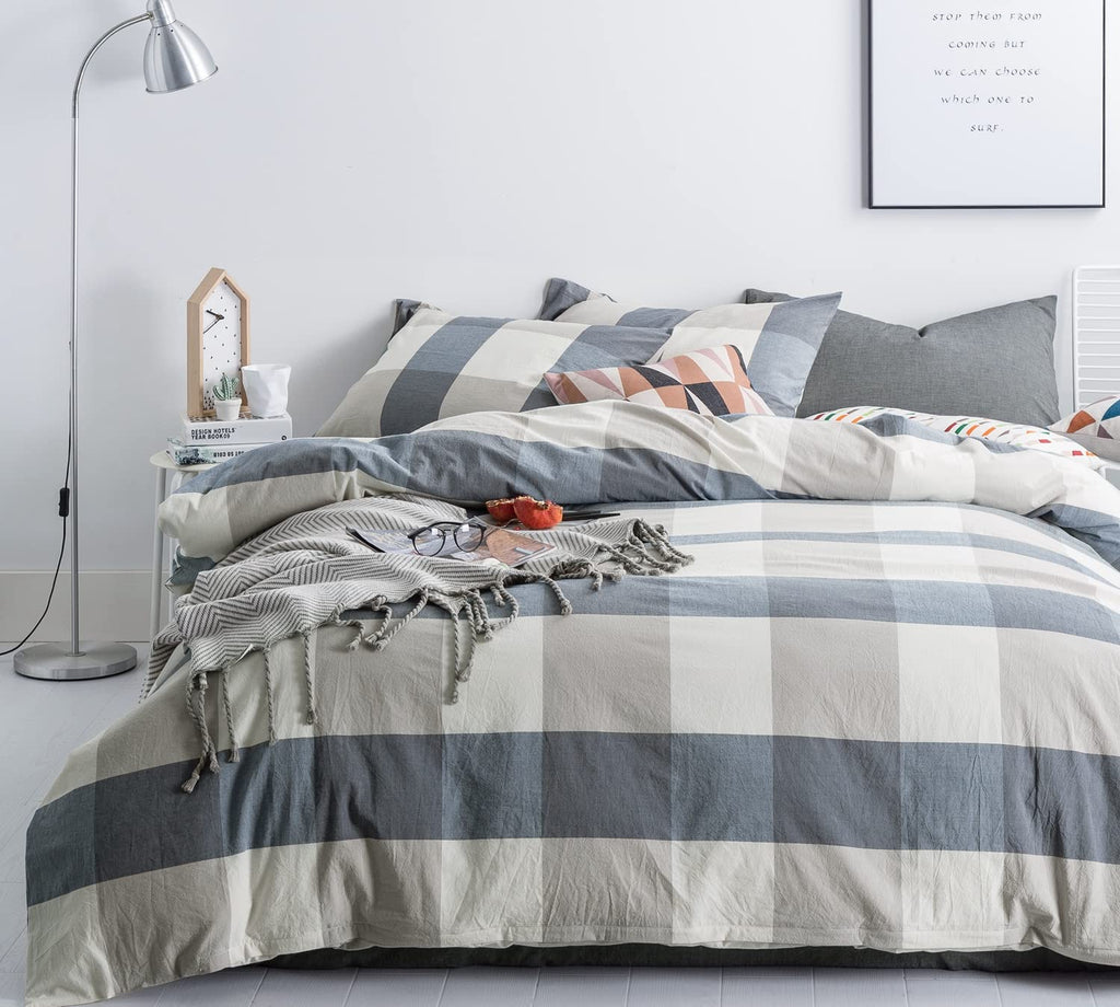 Susybao Blue Checkered Duvet Cover Queen Size 100% Washed Cotton Plaid Duvet Cover Set 3 Pieces 1 Grid Duvet Cover With Zipper T