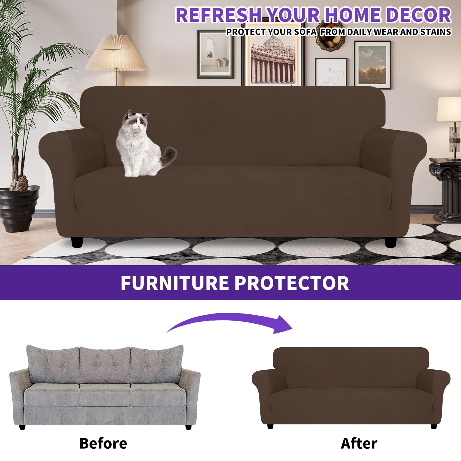 Znsayotx Super Stretch Loveseat Covers (55'-69'), New Striped Love Seat Slipcover, Dogs Pet Friendly Anti-Slip Couch Protector Spandex Durable 2 Seater Fabric Sofa Cover (Coffee, Loveseat)