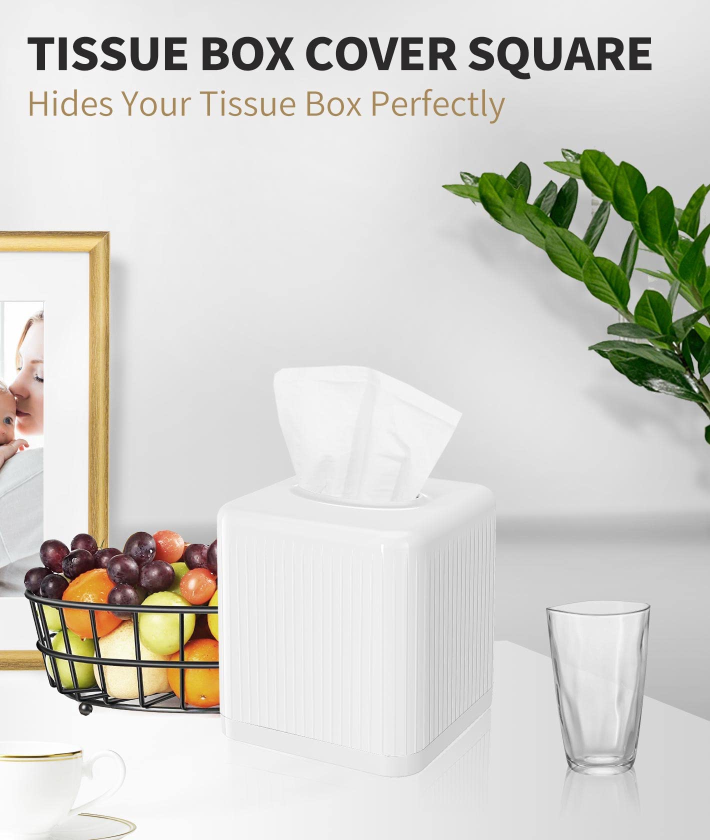Livelab Tissue Box Cover With Base, Square Plastic Tissue Box Holder Decorative Tissue Cover Modern Cube Facial Tissue Dispenser