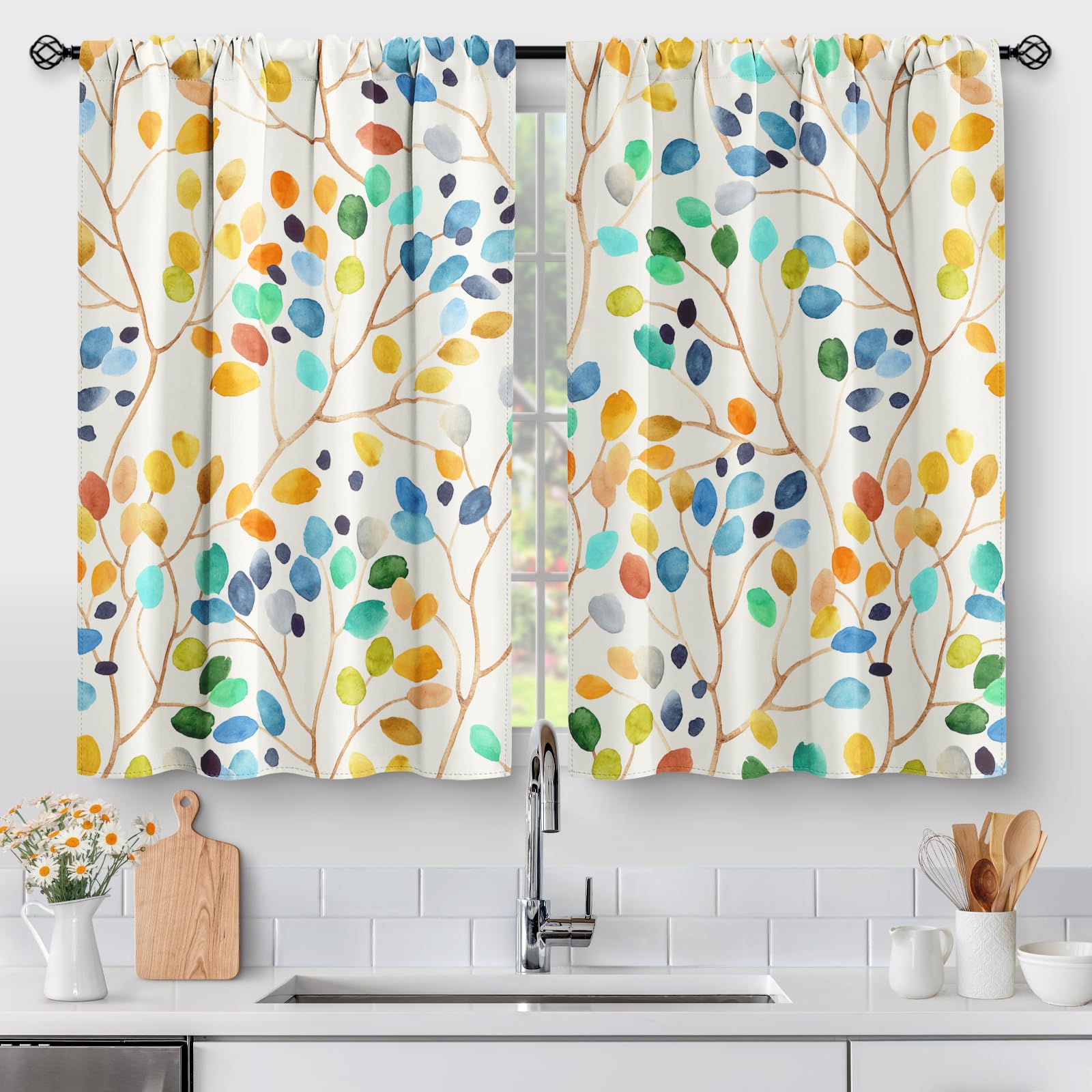 Colorful Leaves Kitchen Curtains - Floral Spring Botanical Tier Cafe Curtains Farmhouse Country Small Window Curtains For Bathro