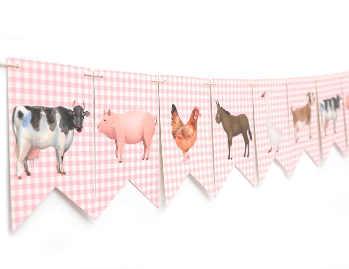 Farm Animal Party Banner,Farm Animal Party Decoration,Pink Gingham Farmer